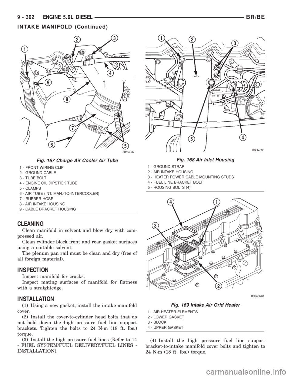 DODGE RAM 2001 Service Repair Manual CLEANING
Clean manifold in solvent and blow dry with com-
pressed air.
Clean cylinder block front and rear gasket surfaces
using a suitable solvent.
The plenum pan rail must be clean and dry (free of
DODGE RAM 2001 Service Repair Manual CLEANING
Clean manifold in solvent and blow dry with com-
pressed air.
Clean cylinder block front and rear gasket surfaces
using a suitable solvent.
The plenum pan rail must be clean and dry (free of