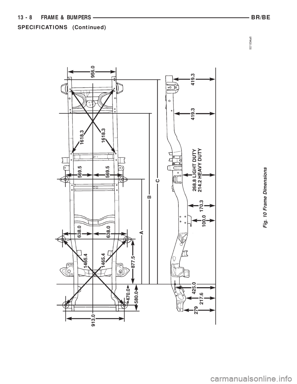 DODGE RAM 2001  Service Repair Manual Fig. 10 Frame Dimensions
13 - 8 FRAME & BUMPERSBR/BE
SPECIFICATIONS (Continued) 