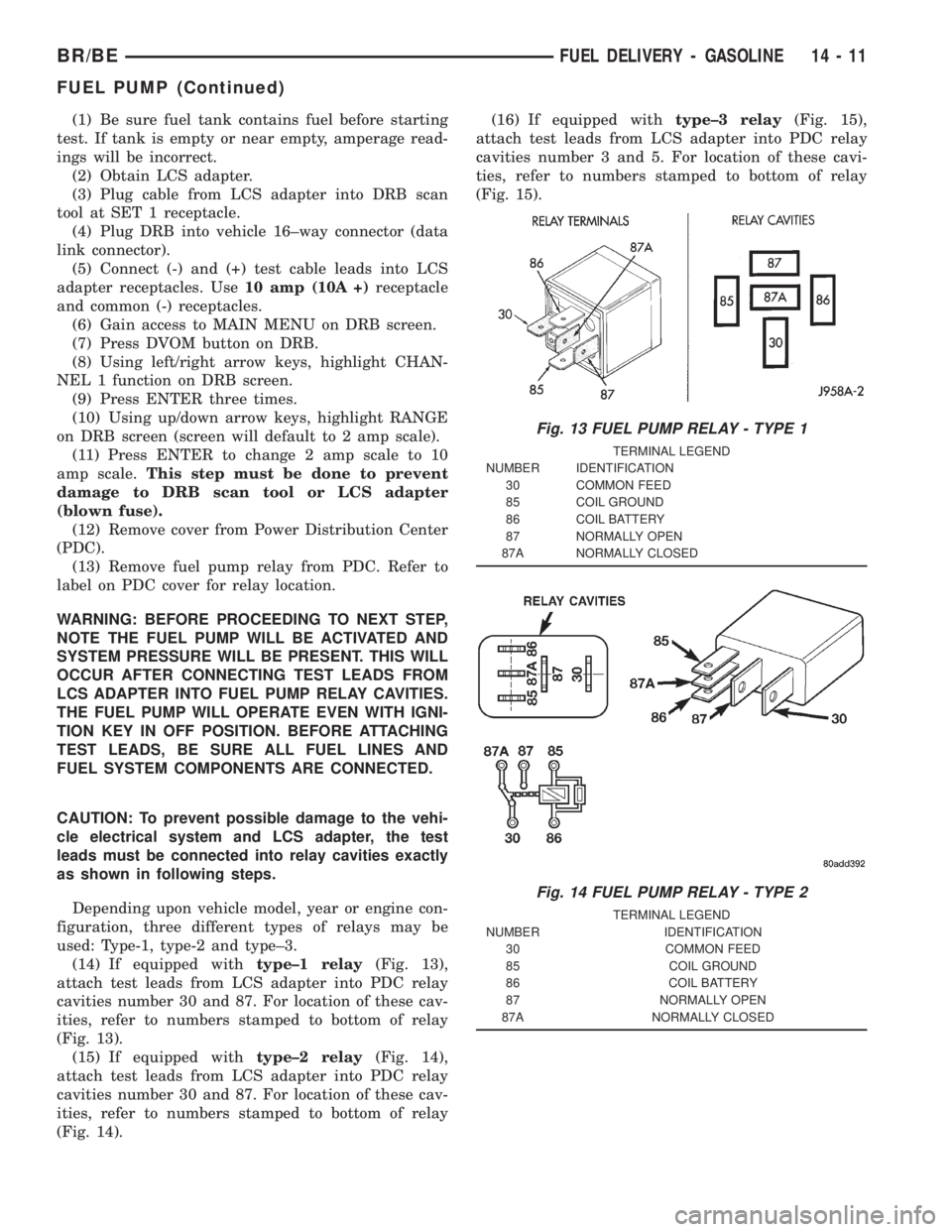 DODGE RAM 2001 Service Repair Manual (1) Be sure fuel tank contains fuel before starting
test. If tank is empty or near empty, amperage read-
ings will be incorrect.
(2) Obtain LCS adapter.
(3) Plug cable from LCS adapter into DRB scan
t DODGE RAM 2001 Service Repair Manual (1) Be sure fuel tank contains fuel before starting
test. If tank is empty or near empty, amperage read-
ings will be incorrect.
(2) Obtain LCS adapter.
(3) Plug cable from LCS adapter into DRB scan
t