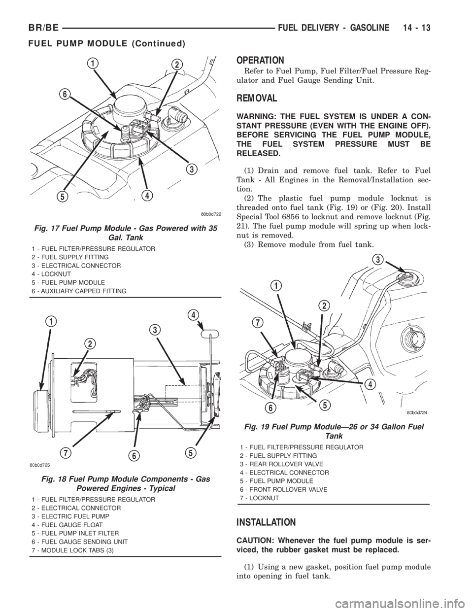 DODGE RAM 2001 Service Repair Manual OPERATION
Refer to Fuel Pump, Fuel Filter/Fuel Pressure Reg-
ulator and Fuel Gauge Sending Unit.
REMOVAL
WARNING: THE FUEL SYSTEM IS UNDER A CON-
STANT PRESSURE (EVEN WITH THE ENGINE OFF).
BEFORE SERV DODGE RAM 2001 Service Repair Manual OPERATION
Refer to Fuel Pump, Fuel Filter/Fuel Pressure Reg-
ulator and Fuel Gauge Sending Unit.
REMOVAL
WARNING: THE FUEL SYSTEM IS UNDER A CON-
STANT PRESSURE (EVEN WITH THE ENGINE OFF).
BEFORE SERV