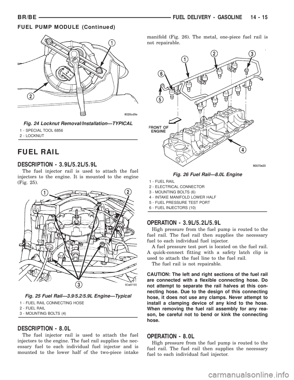 DODGE RAM 2001 Service Repair Manual FUEL RAIL
DESCRIPTION - 3.9L/5.2L/5.9L
The fuel injector rail is used to attach the fuel
injectors to the engine. It is mounted to the engine
(Fig. 25).
DESCRIPTION - 8.0L
The fuel injector rail is us DODGE RAM 2001 Service Repair Manual FUEL RAIL
DESCRIPTION - 3.9L/5.2L/5.9L
The fuel injector rail is used to attach the fuel
injectors to the engine. It is mounted to the engine
(Fig. 25).
DESCRIPTION - 8.0L
The fuel injector rail is us