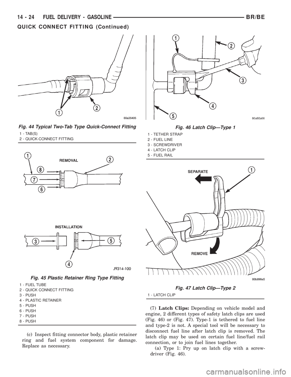 DODGE RAM 2001 Service Repair Manual (c) Inspect fitting connector body, plastic retainer
ring and fuel system component for damage.
Replace as necessary.(7)Latch Clips:Depending on vehicle model and
engine, 2 different types of safety l DODGE RAM 2001 Service Repair Manual (c) Inspect fitting connector body, plastic retainer
ring and fuel system component for damage.
Replace as necessary.(7)Latch Clips:Depending on vehicle model and
engine, 2 different types of safety l