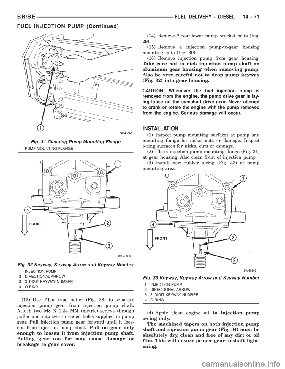 DODGE RAM 2001 Service Repair Manual (13) Use T-bar type puller (Fig. 28) to separate
injection pump gear from injection pump shaft.
Attach two M8 X 1.24 MM (metric) screws through
puller and into two threaded holes supplied in pump
gear DODGE RAM 2001 Service Repair Manual (13) Use T-bar type puller (Fig. 28) to separate
injection pump gear from injection pump shaft.
Attach two M8 X 1.24 MM (metric) screws through
puller and into two threaded holes supplied in pump
gear