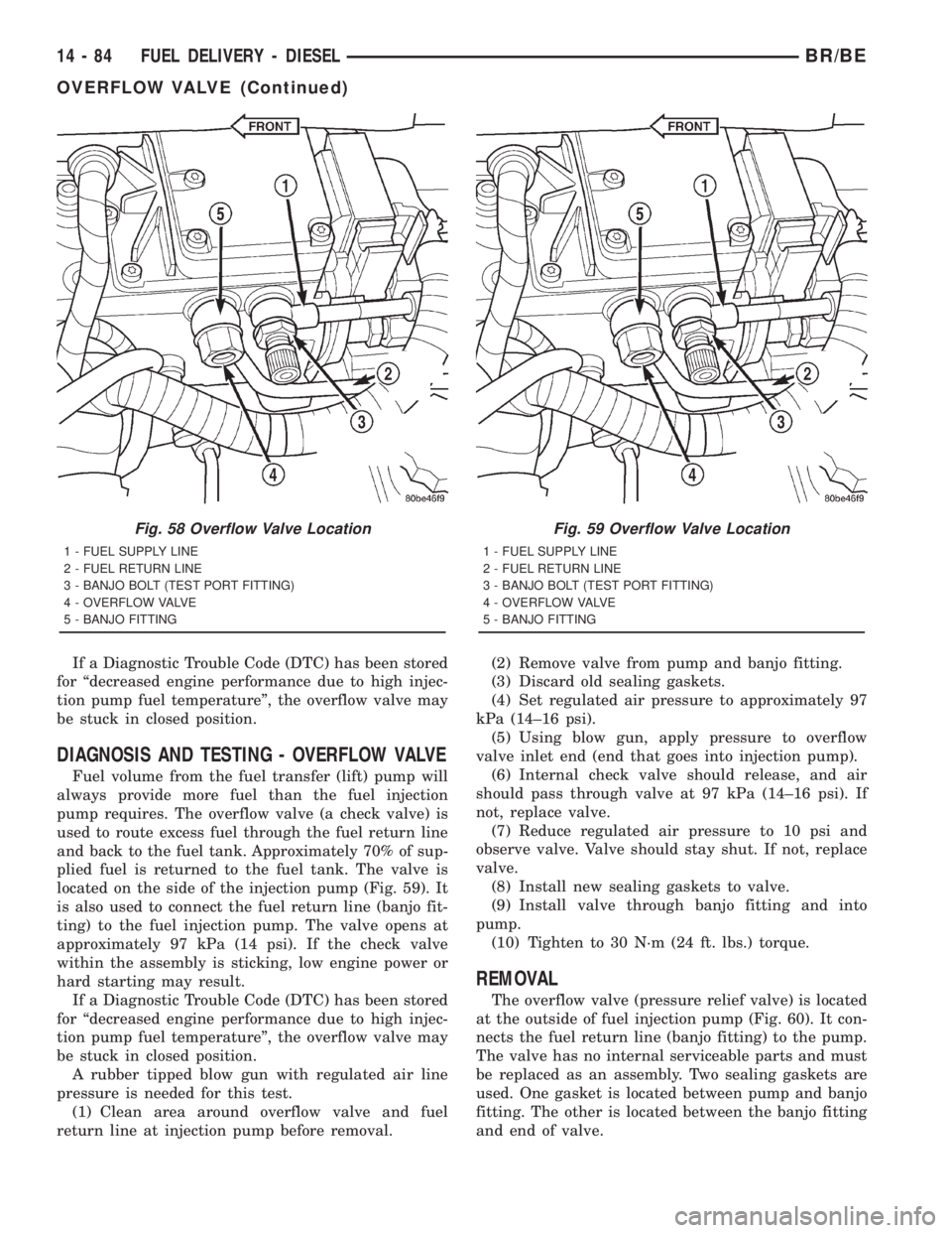 DODGE RAM 2001  Service Repair Manual If a Diagnostic Trouble Code (DTC) has been stored
for ªdecreased engine performance due to high injec-
tion pump fuel temperatureº, the overflow valve may
be stuck in closed position.
DIAGNOSIS AND