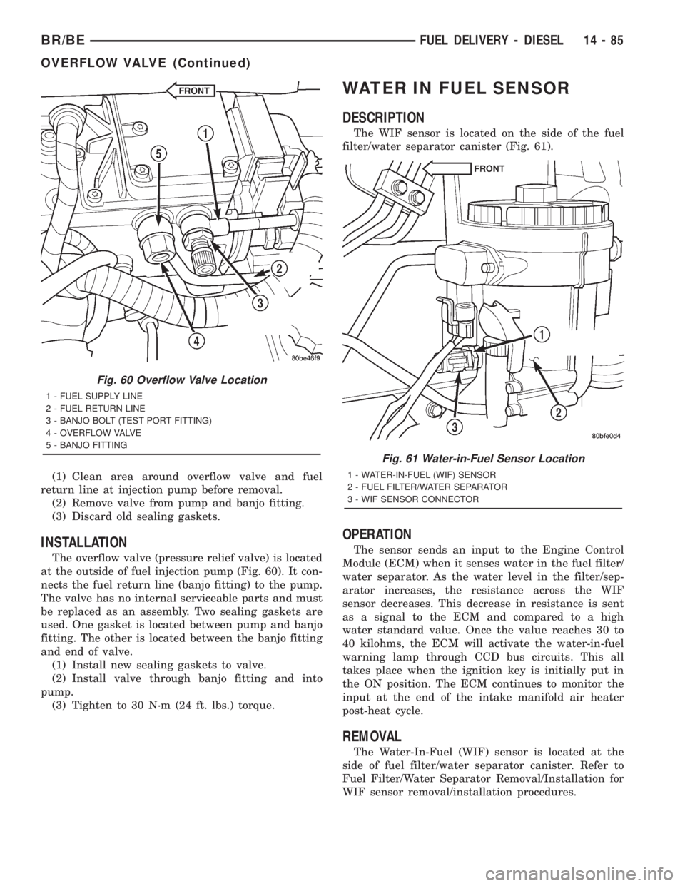 DODGE RAM 2001  Service Repair Manual (1) Clean area around overflow valve and fuel
return line at injection pump before removal.
(2) Remove valve from pump and banjo fitting.
(3) Discard old sealing gaskets.
INSTALLATION
The overflow val