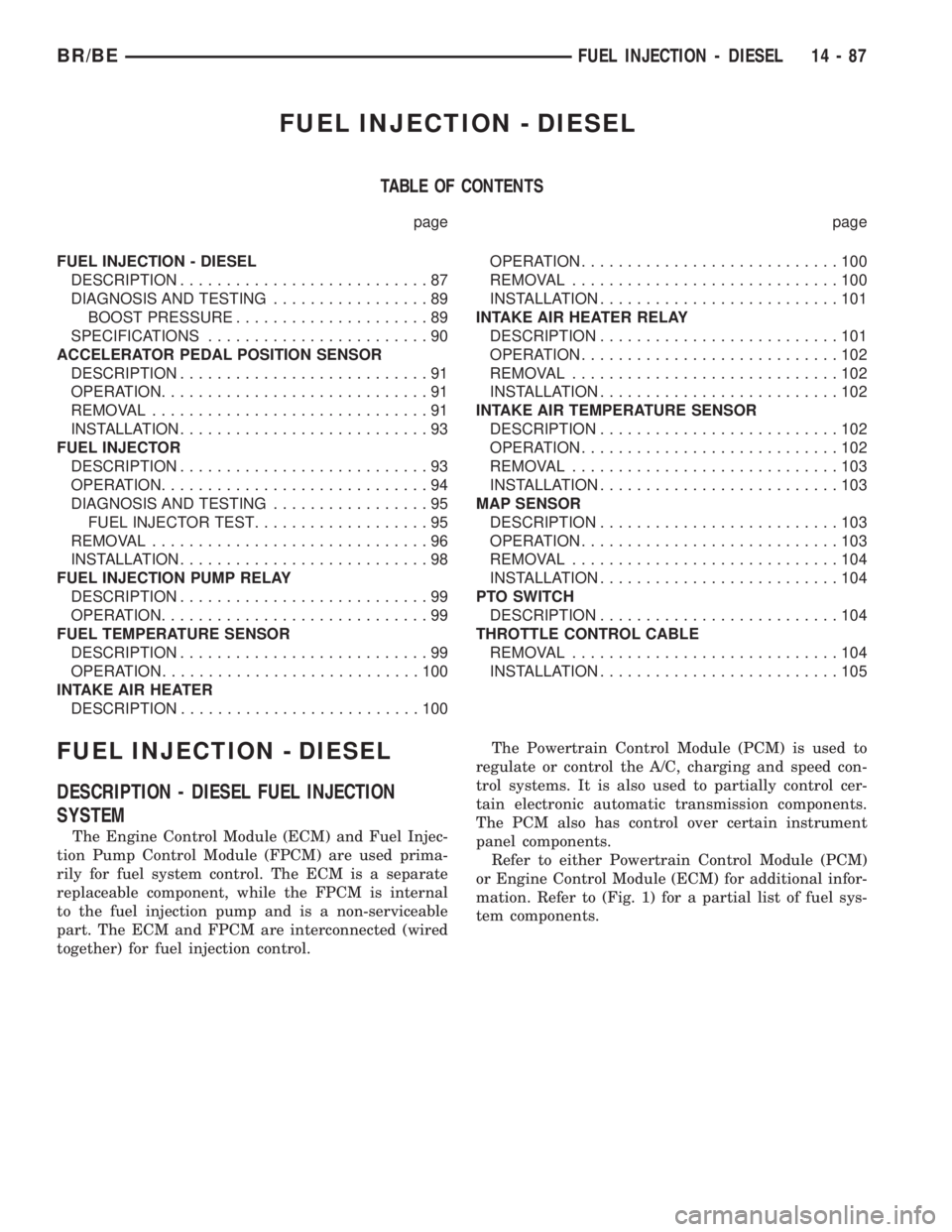 DODGE RAM 2001  Service Repair Manual FUEL INJECTION - DIESEL
TABLE OF CONTENTS
page page
FUEL INJECTION - DIESEL
DESCRIPTION...........................87
DIAGNOSIS AND TESTING.................89
BOOST PRESSURE.....................89
SPEC