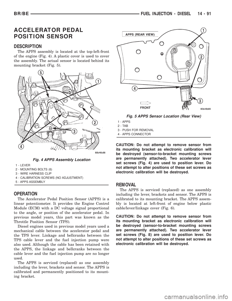 DODGE RAM 2001  Service Repair Manual ACCELERATOR PEDAL
POSITION SENSOR
DESCRIPTION
The APPS assembly is located at the top-left-front
of the engine (Fig. 4). A plastic cover is used to cover
the assembly. The actual sensor is located beh