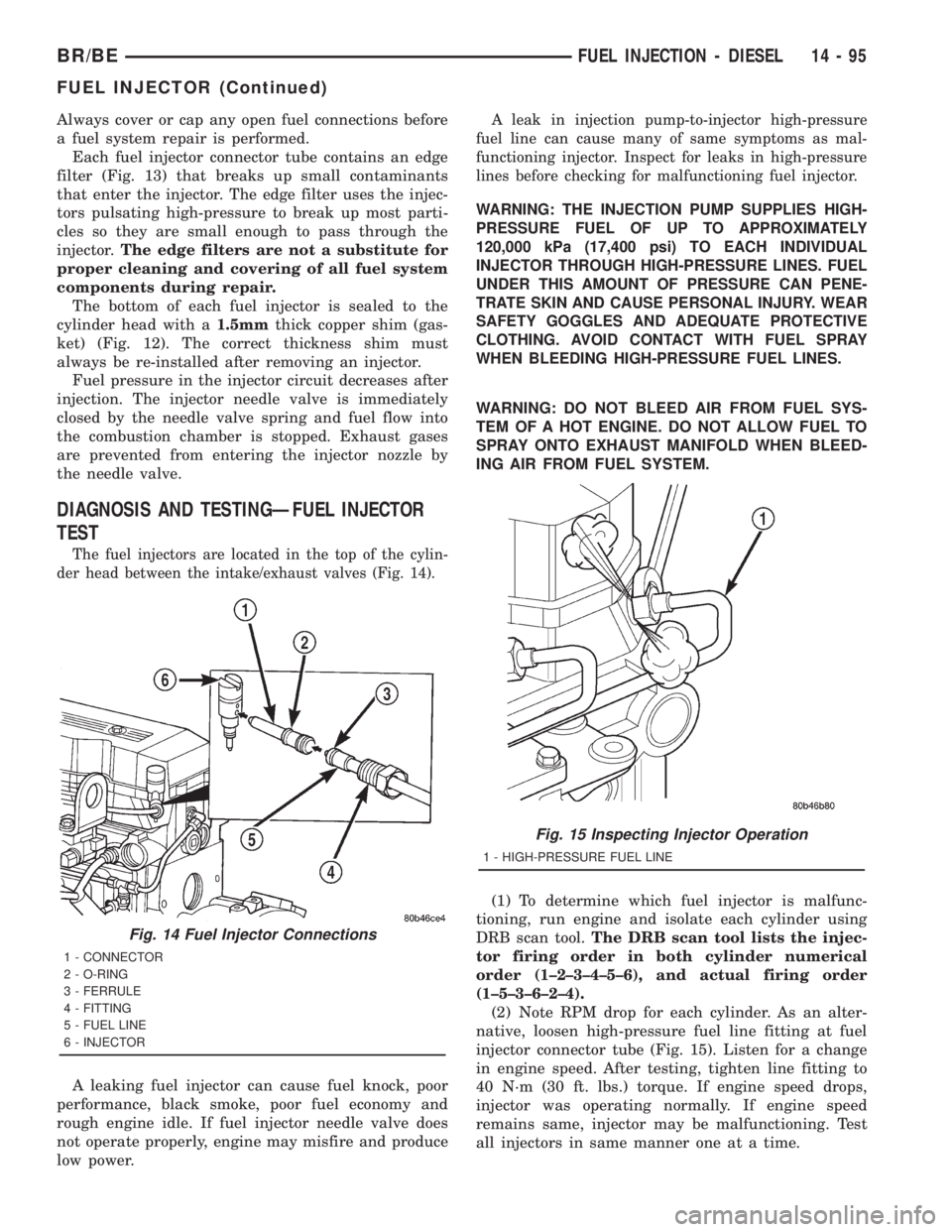 DODGE RAM 2001 Service Repair Manual Always cover or cap any open fuel connections before
a fuel system repair is performed.
Each fuel injector connector tube contains an edge
filter (Fig. 13) that breaks up small contaminants
that enter DODGE RAM 2001 Service Repair Manual Always cover or cap any open fuel connections before
a fuel system repair is performed.
Each fuel injector connector tube contains an edge
filter (Fig. 13) that breaks up small contaminants
that enter