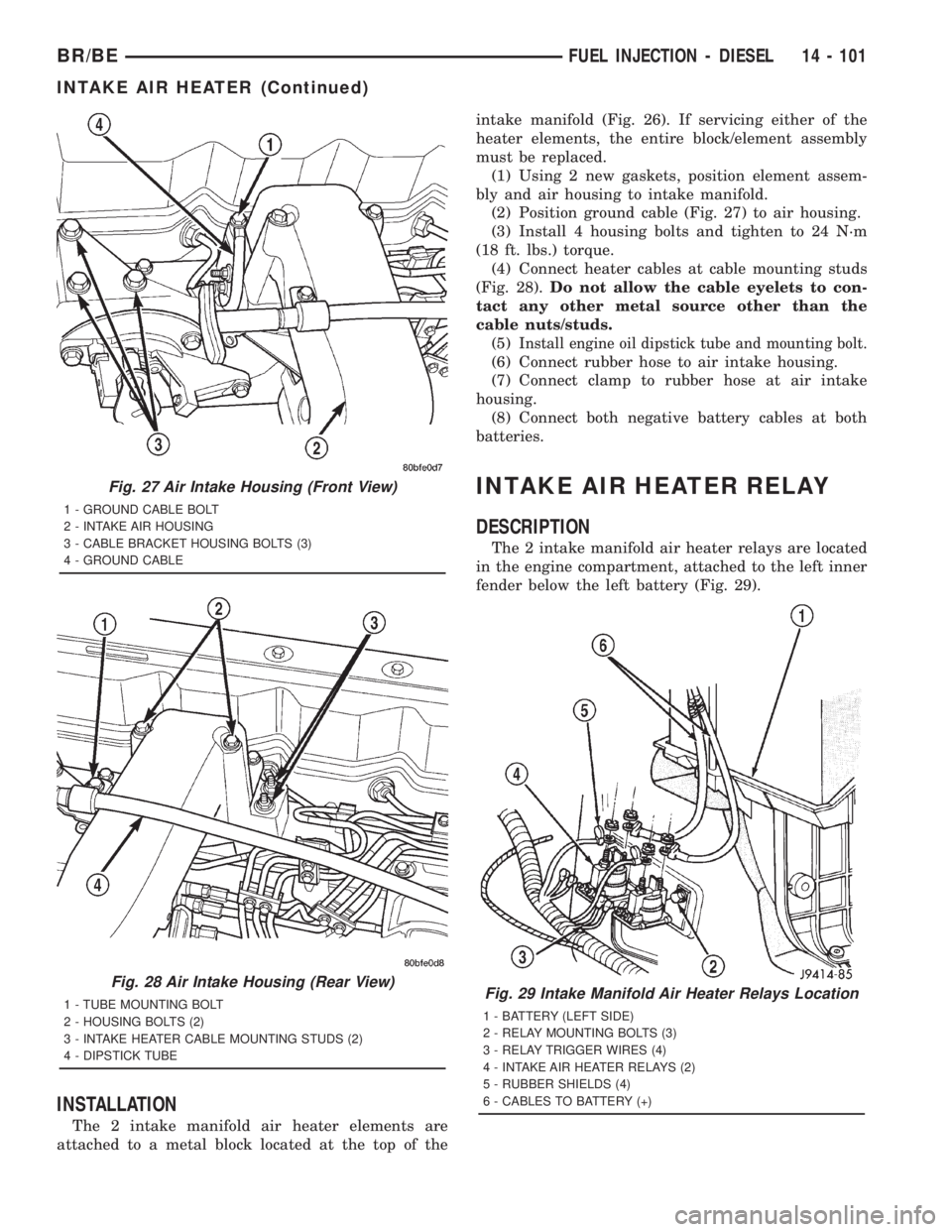 DODGE RAM 2001 Service Repair Manual INSTALLATION
The 2 intake manifold air heater elements are
attached to a metal block located at the top of theintake manifold (Fig. 26). If servicing either of the
heater elements, the entire block/el DODGE RAM 2001 Service Repair Manual INSTALLATION
The 2 intake manifold air heater elements are
attached to a metal block located at the top of theintake manifold (Fig. 26). If servicing either of the
heater elements, the entire block/el