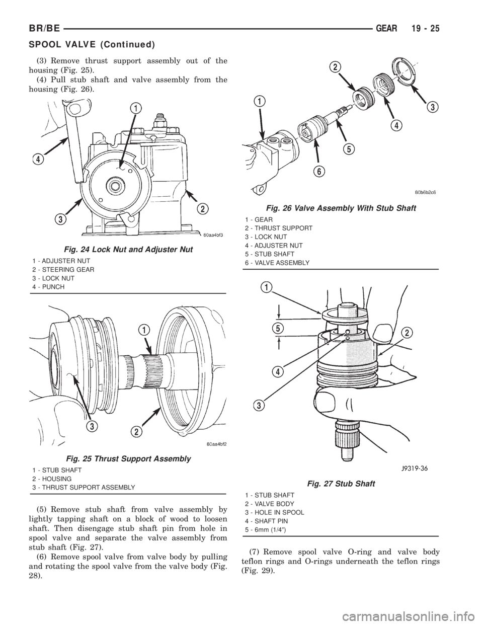 DODGE RAM 2001 Service Repair Manual (3) Remove thrust support assembly out of the
housing (Fig. 25).
(4) Pull stub shaft and valve assembly from the
housing (Fig. 26).
(5) Remove stub shaft from valve assembly by
lightly tapping shaft o DODGE RAM 2001 Service Repair Manual (3) Remove thrust support assembly out of the
housing (Fig. 25).
(4) Pull stub shaft and valve assembly from the
housing (Fig. 26).
(5) Remove stub shaft from valve assembly by
lightly tapping shaft o