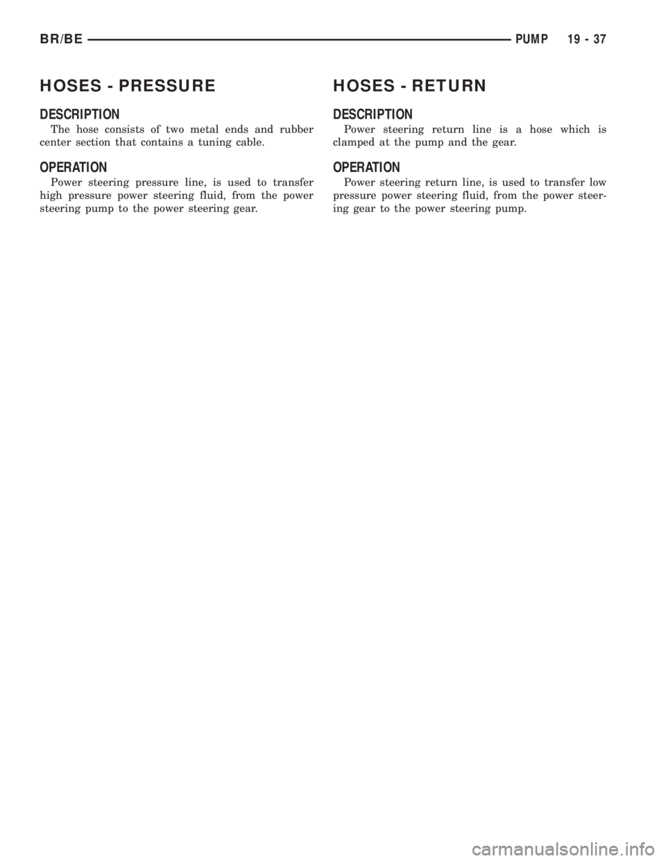 DODGE RAM 2001  Service Repair Manual HOSES - PRESSURE
DESCRIPTION
The hose consists of two metal ends and rubber
center section that contains a tuning cable.
OPERATION
Power steering pressure line, is used to transfer
high pressure power