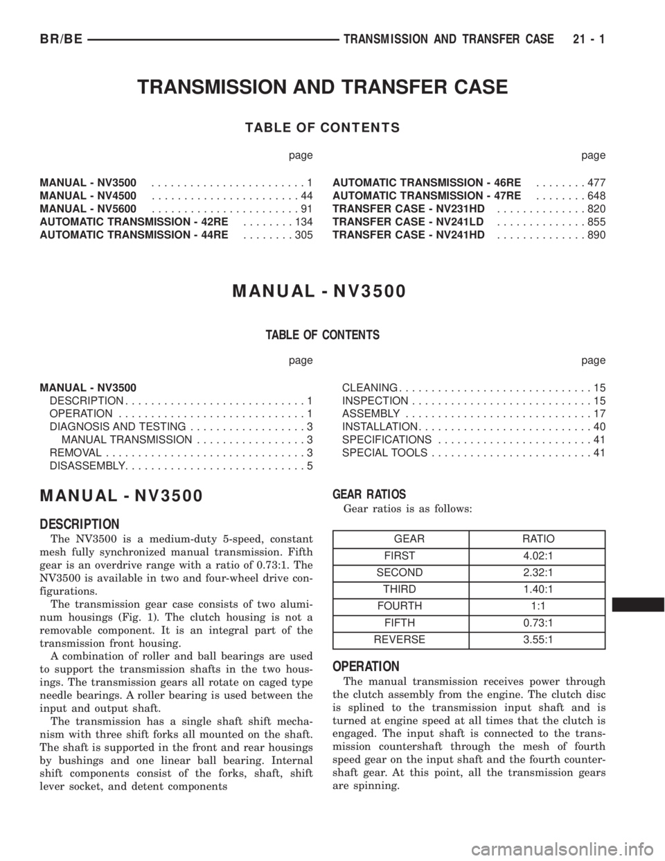DODGE RAM 2001 Service Repair Manual TRANSMISSION AND TRANSFER CASE
TABLE OF CONTENTS
page page
MANUAL - NV3500........................1
MANUAL - NV4500.......................44
MANUAL - NV5600.......................91
AUTOMATIC TRANSMIS DODGE RAM 2001 Service Repair Manual TRANSMISSION AND TRANSFER CASE
TABLE OF CONTENTS
page page
MANUAL - NV3500........................1
MANUAL - NV4500.......................44
MANUAL - NV5600.......................91
AUTOMATIC TRANSMIS