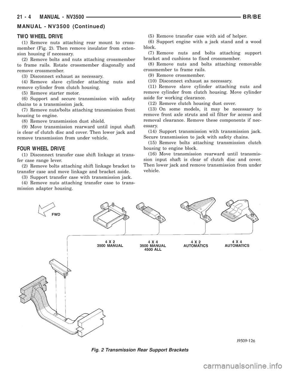 DODGE RAM 2001 Service Repair Manual TWO WHEEL DRIVE
(1) Remove nuts attaching rear mount to cross-
member (Fig. 2). Then remove insulator from exten-
sion housing if necessary.
(2) Remove bolts and nuts attaching crossmember
to frame ra DODGE RAM 2001 Service Repair Manual TWO WHEEL DRIVE
(1) Remove nuts attaching rear mount to cross-
member (Fig. 2). Then remove insulator from exten-
sion housing if necessary.
(2) Remove bolts and nuts attaching crossmember
to frame ra