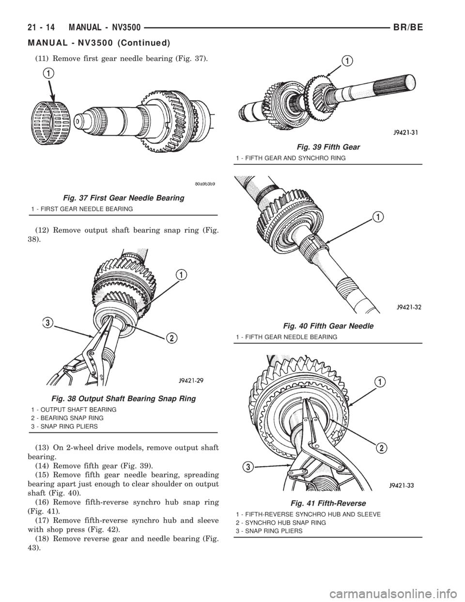 DODGE RAM 2001  Service Repair Manual (11) Remove first gear needle bearing (Fig. 37).
(12) Remove output shaft bearing snap ring (Fig.
38).
(13) On 2-wheel drive models, remove output shaft
bearing.
(14) Remove fifth gear (Fig. 39).
(15)