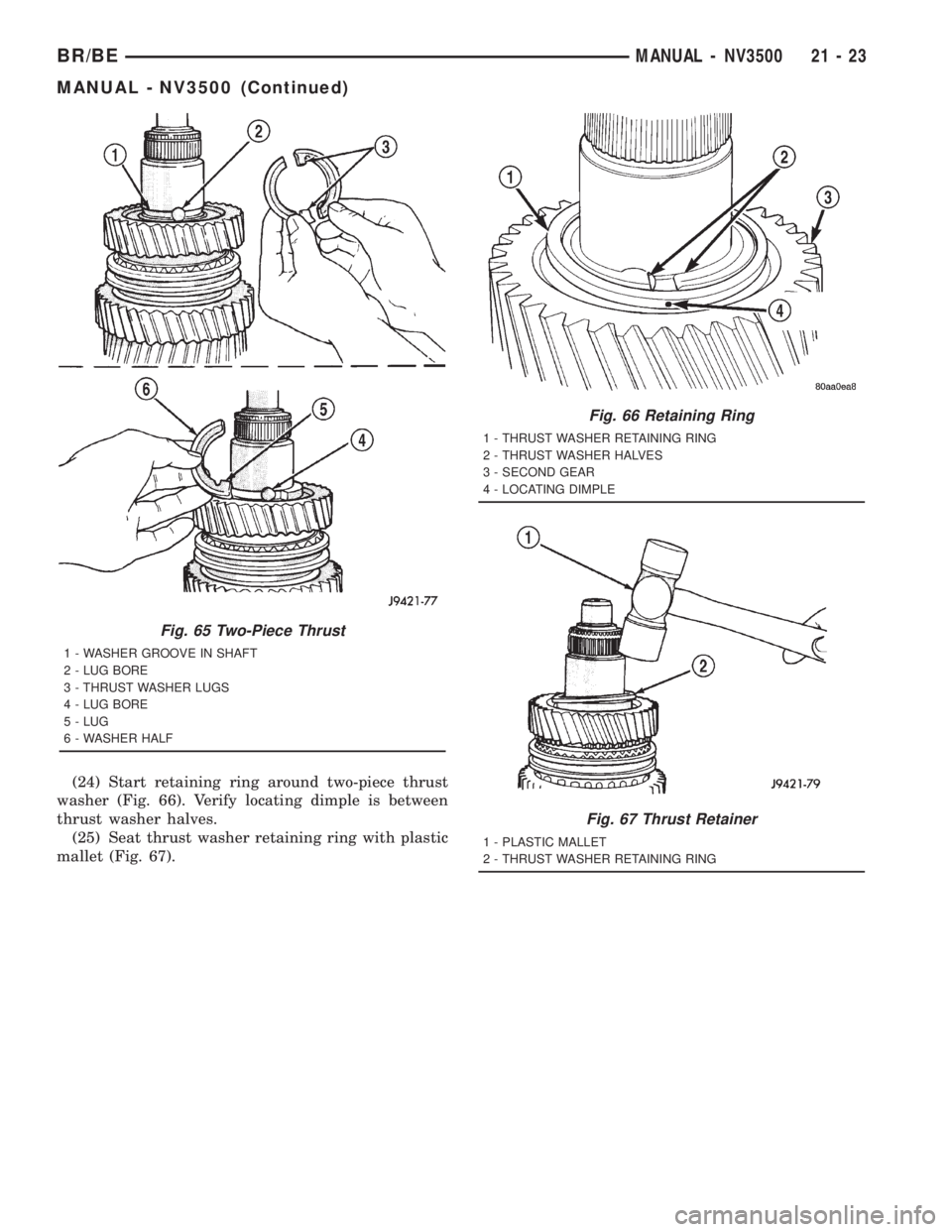 DODGE RAM 2001  Service Repair Manual (24) Start retaining ring around two-piece thrust
washer (Fig. 66). Verify locating dimple is between
thrust washer halves.
(25) Seat thrust washer retaining ring with plastic
mallet (Fig. 67).
Fig. 6