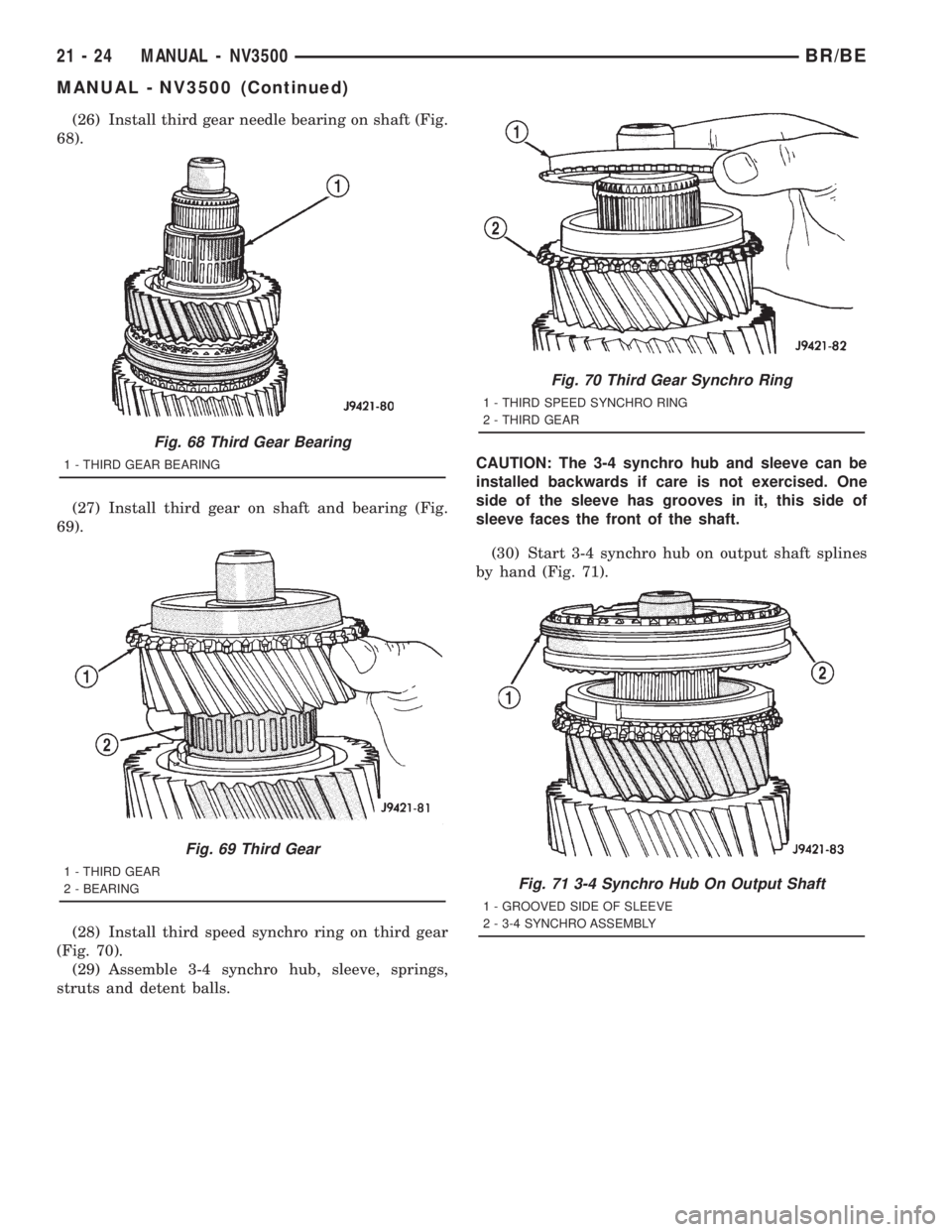DODGE RAM 2001  Service Repair Manual (26) Install third gear needle bearing on shaft (Fig.
68).
(27) Install third gear on shaft and bearing (Fig.
69).
(28) Install third speed synchro ring on third gear
(Fig. 70).
(29) Assemble 3-4 sync