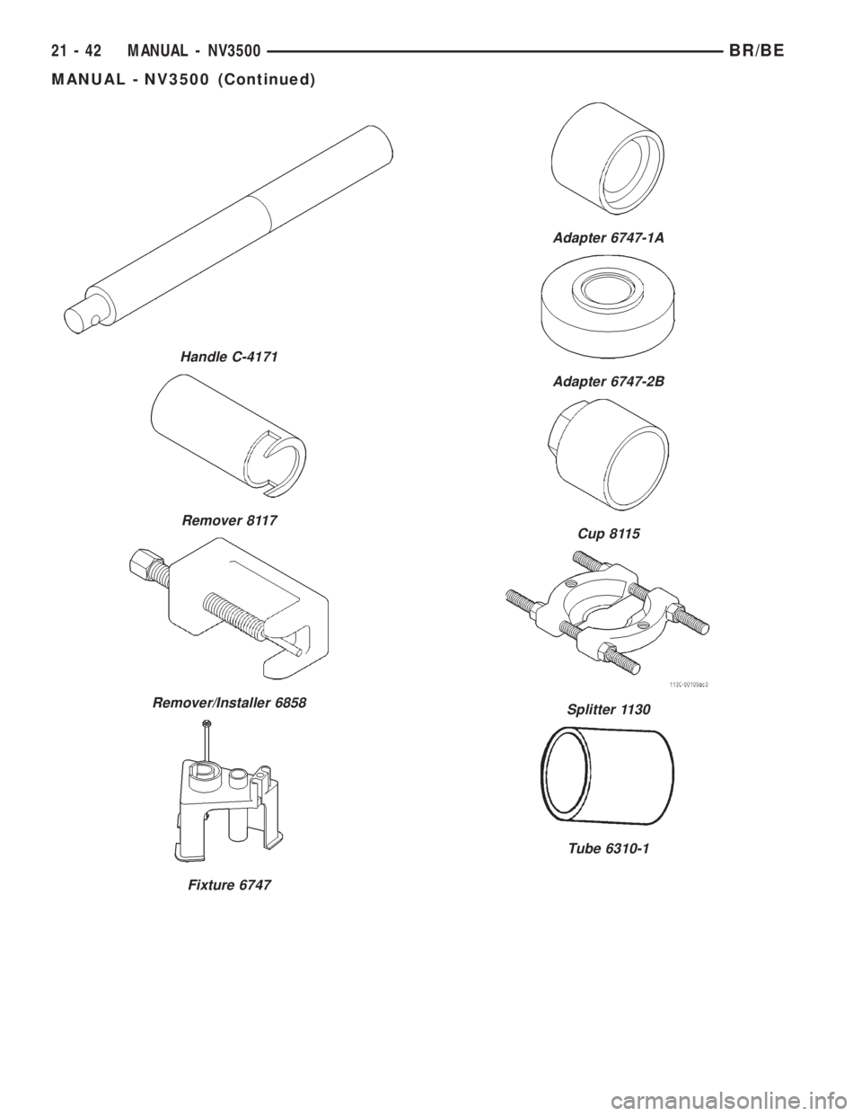 DODGE RAM 2001  Service Repair Manual Handle C-4171
Remover 8117
Remover/Installer 6858
Fixture 6747
Adapter 6747-1A
Adapter 6747-2B
Cup 8115
Splitter 1130
Tube 6310-1
21 - 42 MANUAL - NV3500BR/BE
MANUAL - NV3500 (Continued) 