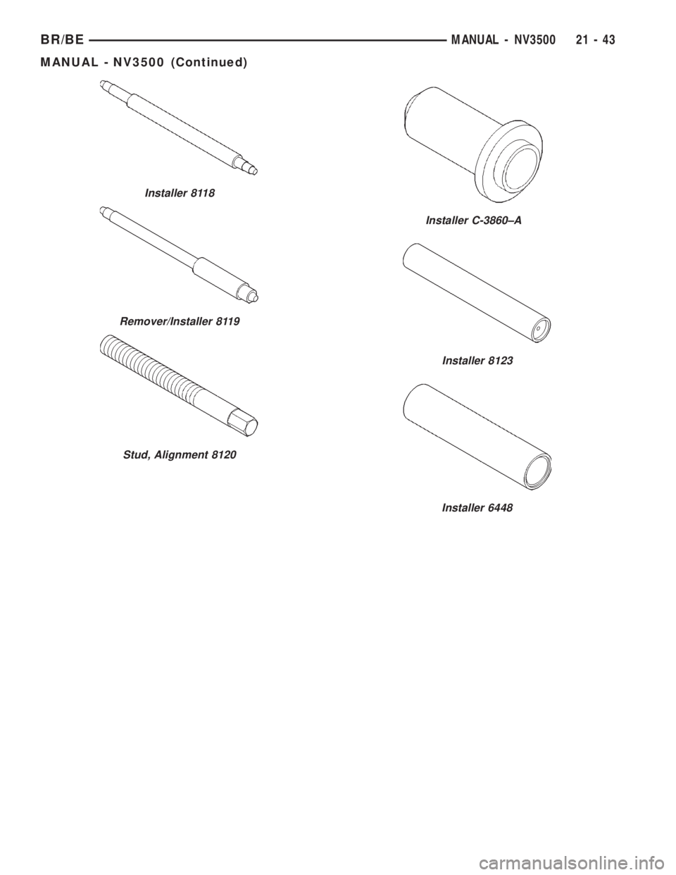 DODGE RAM 2001  Service Repair Manual Installer 8118
Remover/Installer 8119
Stud, Alignment 8120
Installer C-3860±A
Installer 8123
Installer 6448
BR/BEMANUAL - NV3500 21 - 43
MANUAL - NV3500 (Continued) 