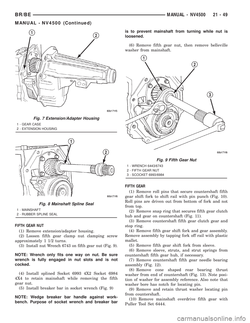 DODGE RAM 2001 Service Repair Manual FIFTH GEAR NUT
(1) Remove extension/adapter housing.
(2) Loosen fifth gear clamp nut clamping screw
approximately 1 1/2 turns.
(3)
Install nut Wrench 6743 on fifth gear nut (Fig. 9).
NOTE: Wrench only DODGE RAM 2001 Service Repair Manual FIFTH GEAR NUT
(1) Remove extension/adapter housing.
(2) Loosen fifth gear clamp nut clamping screw
approximately 1 1/2 turns.
(3)
Install nut Wrench 6743 on fifth gear nut (Fig. 9).
NOTE: Wrench only