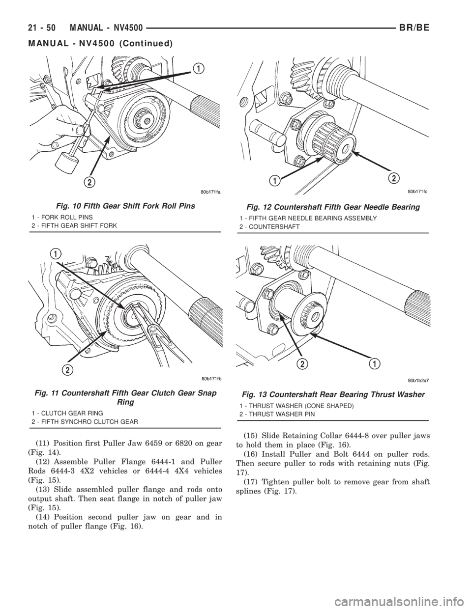 DODGE RAM 2001 Service Repair Manual (11) Position first Puller Jaw 6459 or 6820 on gear
(Fig. 14).
(12) Assemble Puller Flange 6444-1 and Puller
Rods 6444-3 4X2 vehicles or 6444-4 4X4 vehicles
(Fig. 15).
(13) Slide assembled puller flan DODGE RAM 2001 Service Repair Manual (11) Position first Puller Jaw 6459 or 6820 on gear
(Fig. 14).
(12) Assemble Puller Flange 6444-1 and Puller
Rods 6444-3 4X2 vehicles or 6444-4 4X4 vehicles
(Fig. 15).
(13) Slide assembled puller flan