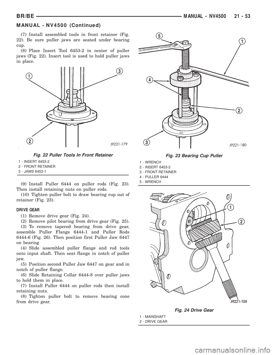 DODGE RAM 2001 Service Repair Manual (7) Install assembled tools in front retainer (Fig.
22). Be sure puller jaws are seated under bearing
cup.
(8) Place Insert Tool 6453-2 in center of puller
jaws (Fig. 22). Insert tool is used to hold DODGE RAM 2001 Service Repair Manual (7) Install assembled tools in front retainer (Fig.
22). Be sure puller jaws are seated under bearing
cup.
(8) Place Insert Tool 6453-2 in center of puller
jaws (Fig. 22). Insert tool is used to hold