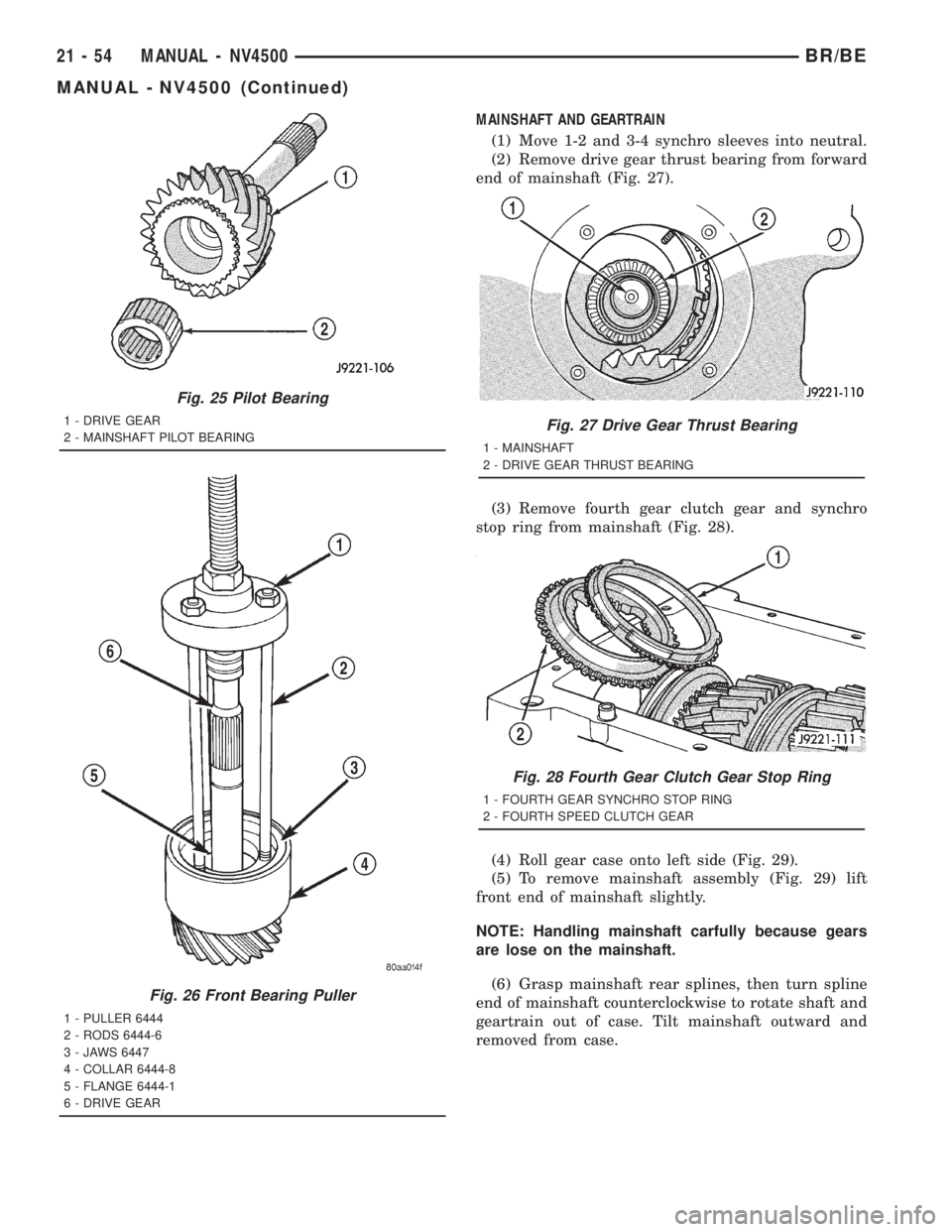 DODGE RAM 2001 Service Repair Manual MAINSHAFT AND GEARTRAIN
(1) Move 1-2 and 3-4 synchro sleeves into neutral.
(2) Remove drive gear thrust bearing from forward
end of mainshaft (Fig. 27).
(3) Remove fourth gear clutch gear and synchro
DODGE RAM 2001 Service Repair Manual MAINSHAFT AND GEARTRAIN
(1) Move 1-2 and 3-4 synchro sleeves into neutral.
(2) Remove drive gear thrust bearing from forward
end of mainshaft (Fig. 27).
(3) Remove fourth gear clutch gear and synchro