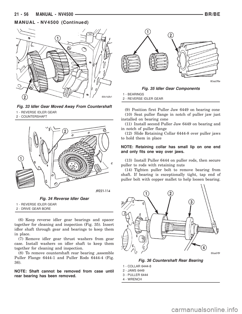 DODGE RAM 2001 Service Repair Manual (6) Keep reverse idler gear bearings and spacer
together for cleaning and inspection (Fig. 35). Insert
idler shaft through gear and bearings to keep them
in place.
(7) Remove idler gear thrust washers DODGE RAM 2001 Service Repair Manual (6) Keep reverse idler gear bearings and spacer
together for cleaning and inspection (Fig. 35). Insert
idler shaft through gear and bearings to keep them
in place.
(7) Remove idler gear thrust washers