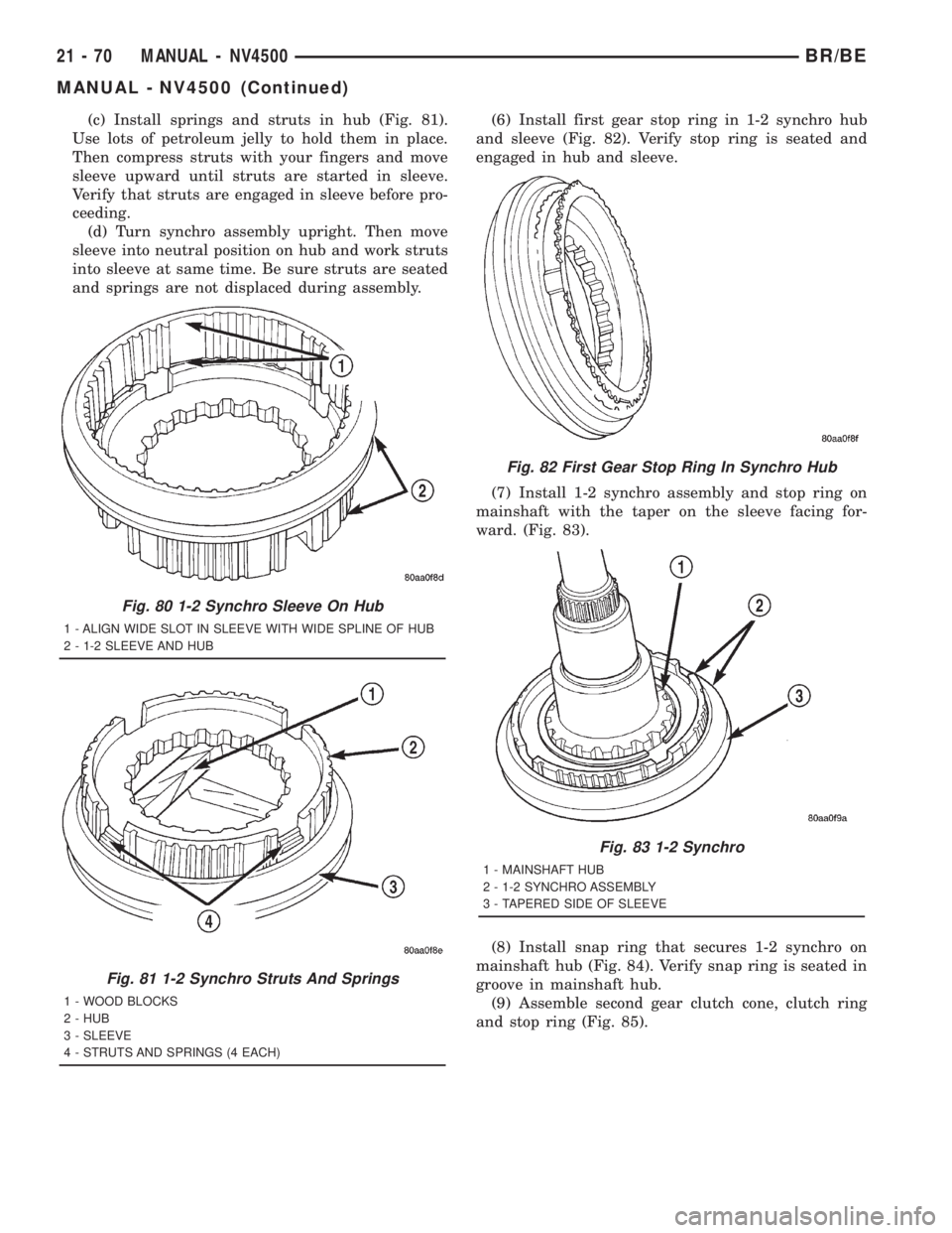 DODGE RAM 2001 Service Repair Manual (c) Install springs and struts in hub (Fig. 81).
Use lots of petroleum jelly to hold them in place.
Then compress struts with your fingers and move
sleeve upward until struts are started in sleeve.
Ve DODGE RAM 2001 Service Repair Manual (c) Install springs and struts in hub (Fig. 81).
Use lots of petroleum jelly to hold them in place.
Then compress struts with your fingers and move
sleeve upward until struts are started in sleeve.
Ve