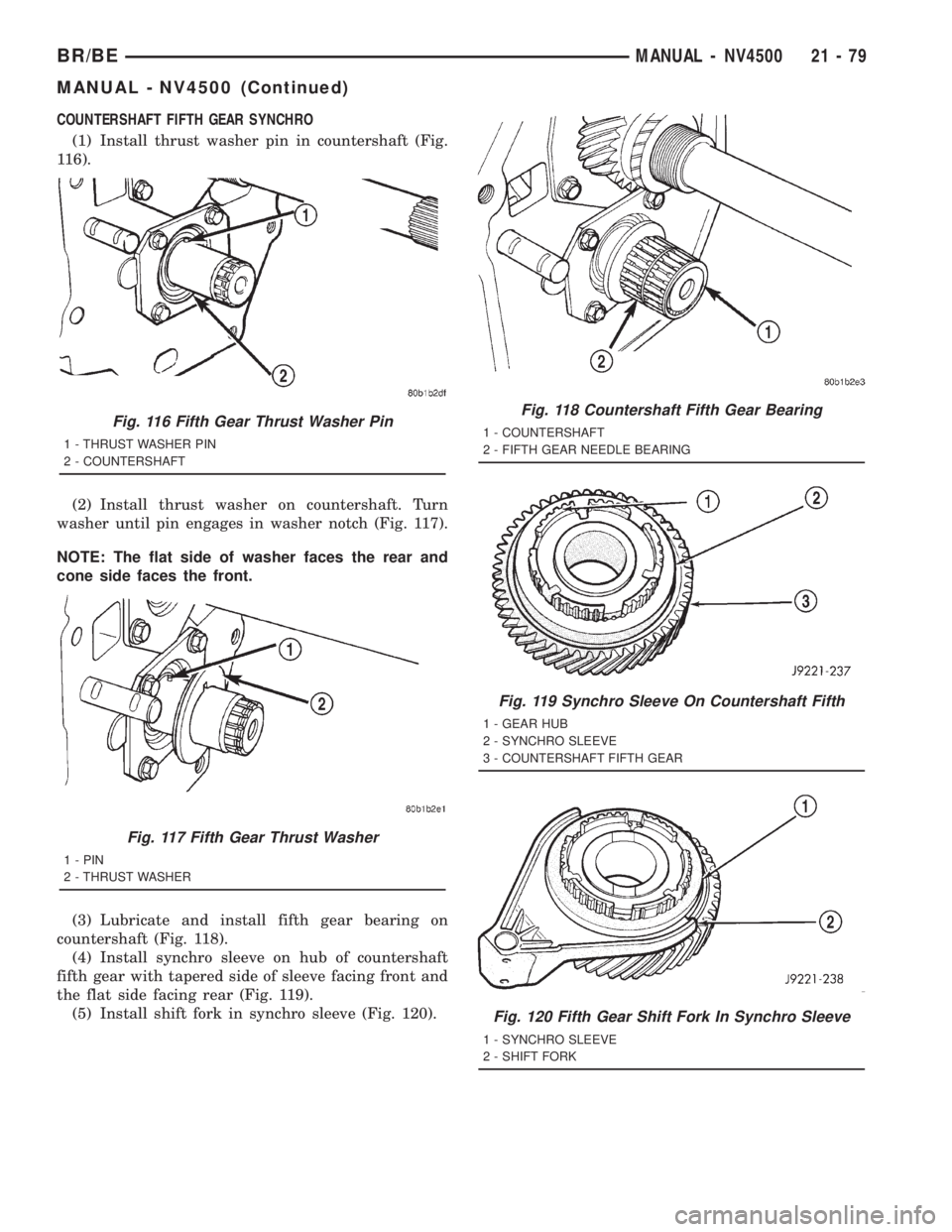 DODGE RAM 2001 Service Repair Manual COUNTERSHAFT FIFTH GEAR SYNCHRO
(1) Install thrust washer pin in countershaft (Fig.
116).
(2) Install thrust washer on countershaft. Turn
washer until pin engages in washer notch (Fig. 117).
NOTE: The DODGE RAM 2001 Service Repair Manual COUNTERSHAFT FIFTH GEAR SYNCHRO
(1) Install thrust washer pin in countershaft (Fig.
116).
(2) Install thrust washer on countershaft. Turn
washer until pin engages in washer notch (Fig. 117).
NOTE: The