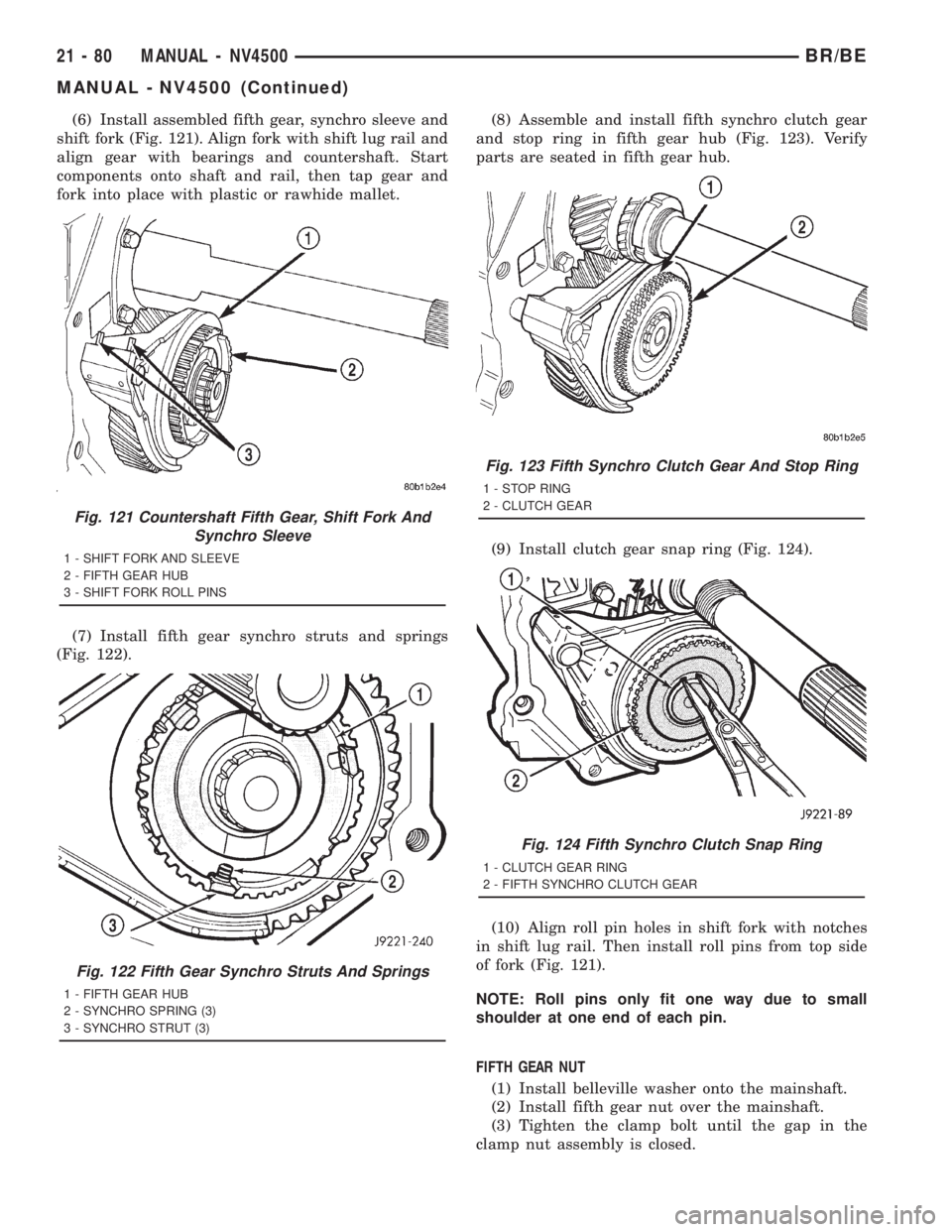 DODGE RAM 2001 Service Repair Manual (6) Install assembled fifth gear, synchro sleeve and
shift fork (Fig. 121). Align fork with shift lug rail and
align gear with bearings and countershaft. Start
components onto shaft and rail, then tap DODGE RAM 2001 Service Repair Manual (6) Install assembled fifth gear, synchro sleeve and
shift fork (Fig. 121). Align fork with shift lug rail and
align gear with bearings and countershaft. Start
components onto shaft and rail, then tap