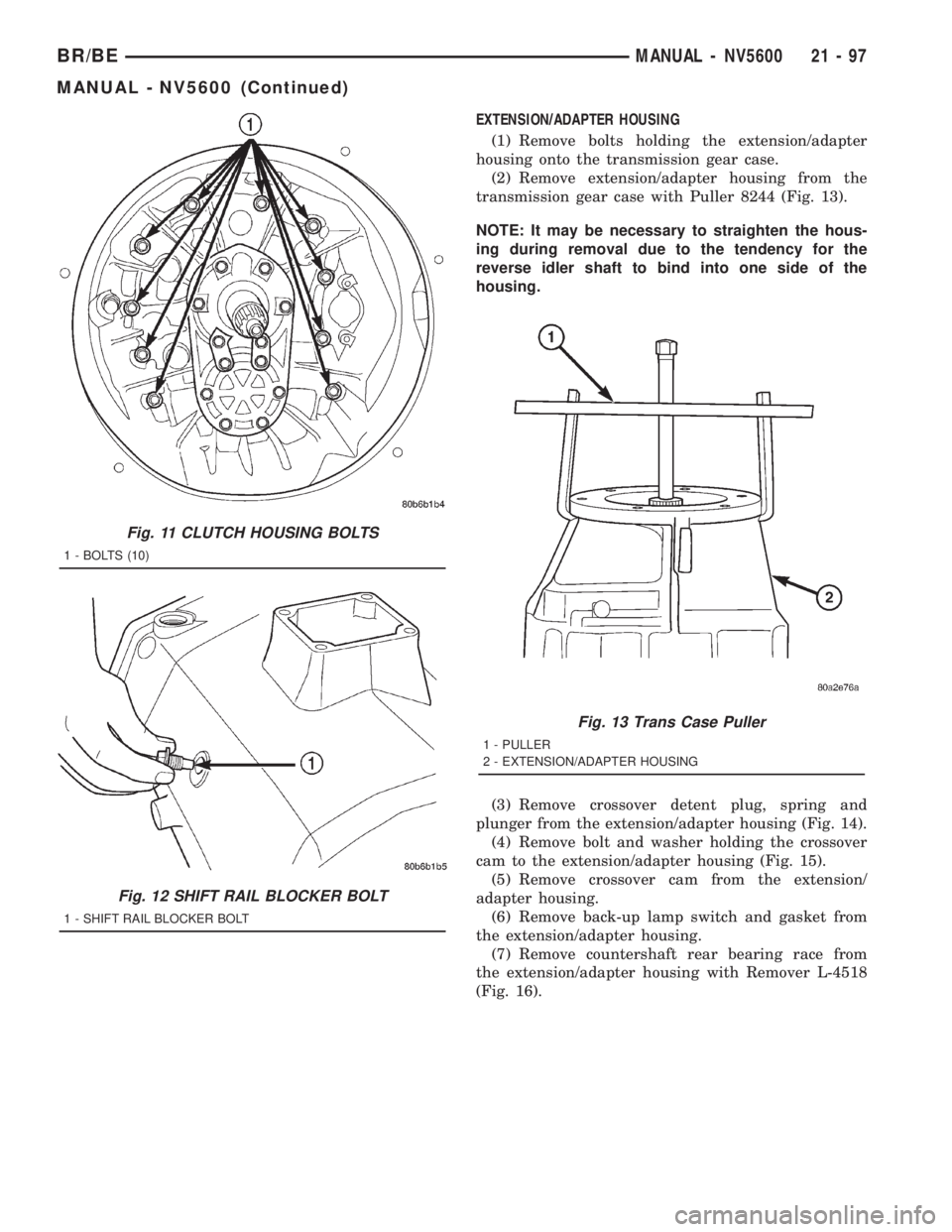 DODGE RAM 2001 Service Repair Manual EXTENSION/ADAPTER HOUSING
(1) Remove bolts holding the extension/adapter
housing onto the transmission gear case.
(2) Remove extension/adapter housing from the
transmission gear case with Puller 8244 DODGE RAM 2001 Service Repair Manual EXTENSION/ADAPTER HOUSING
(1) Remove bolts holding the extension/adapter
housing onto the transmission gear case.
(2) Remove extension/adapter housing from the
transmission gear case with Puller 8244
