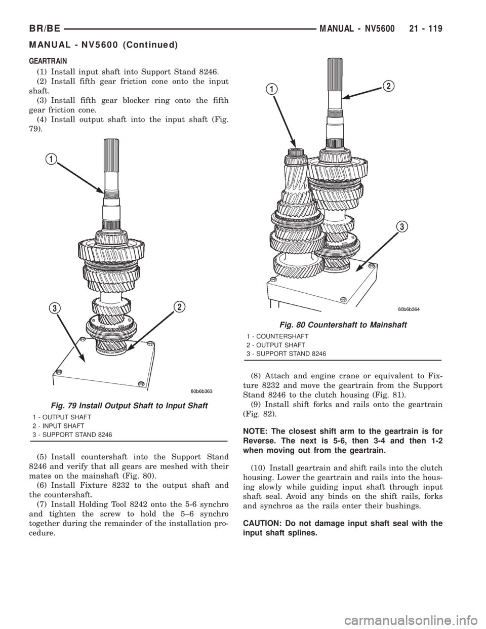 DODGE RAM 2001 Service Repair Manual GEARTRAIN
(1) Install input shaft into Support Stand 8246.
(2) Install fifth gear friction cone onto the input
shaft.
(3) Install fifth gear blocker ring onto the fifth
gear friction cone.
(4) Install DODGE RAM 2001 Service Repair Manual GEARTRAIN
(1) Install input shaft into Support Stand 8246.
(2) Install fifth gear friction cone onto the input
shaft.
(3) Install fifth gear blocker ring onto the fifth
gear friction cone.
(4) Install