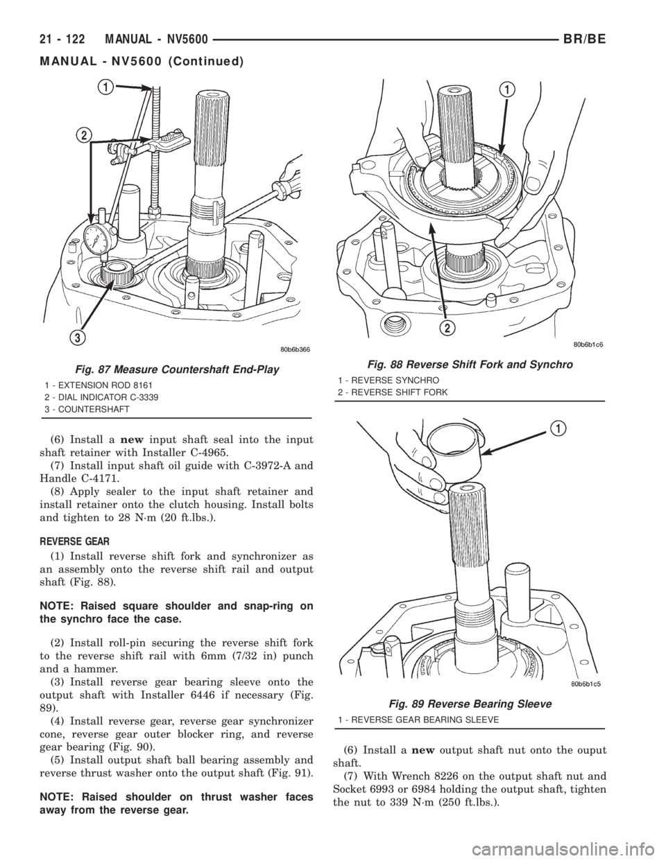 DODGE RAM 2001 Service Repair Manual (6) Install anewinput shaft seal into the input
shaft retainer with Installer C-4965.
(7) Install input shaft oil guide with C-3972-A and
Handle C-4171.
(8) Apply sealer to the input shaft retainer an DODGE RAM 2001 Service Repair Manual (6) Install anewinput shaft seal into the input
shaft retainer with Installer C-4965.
(7) Install input shaft oil guide with C-3972-A and
Handle C-4171.
(8) Apply sealer to the input shaft retainer an