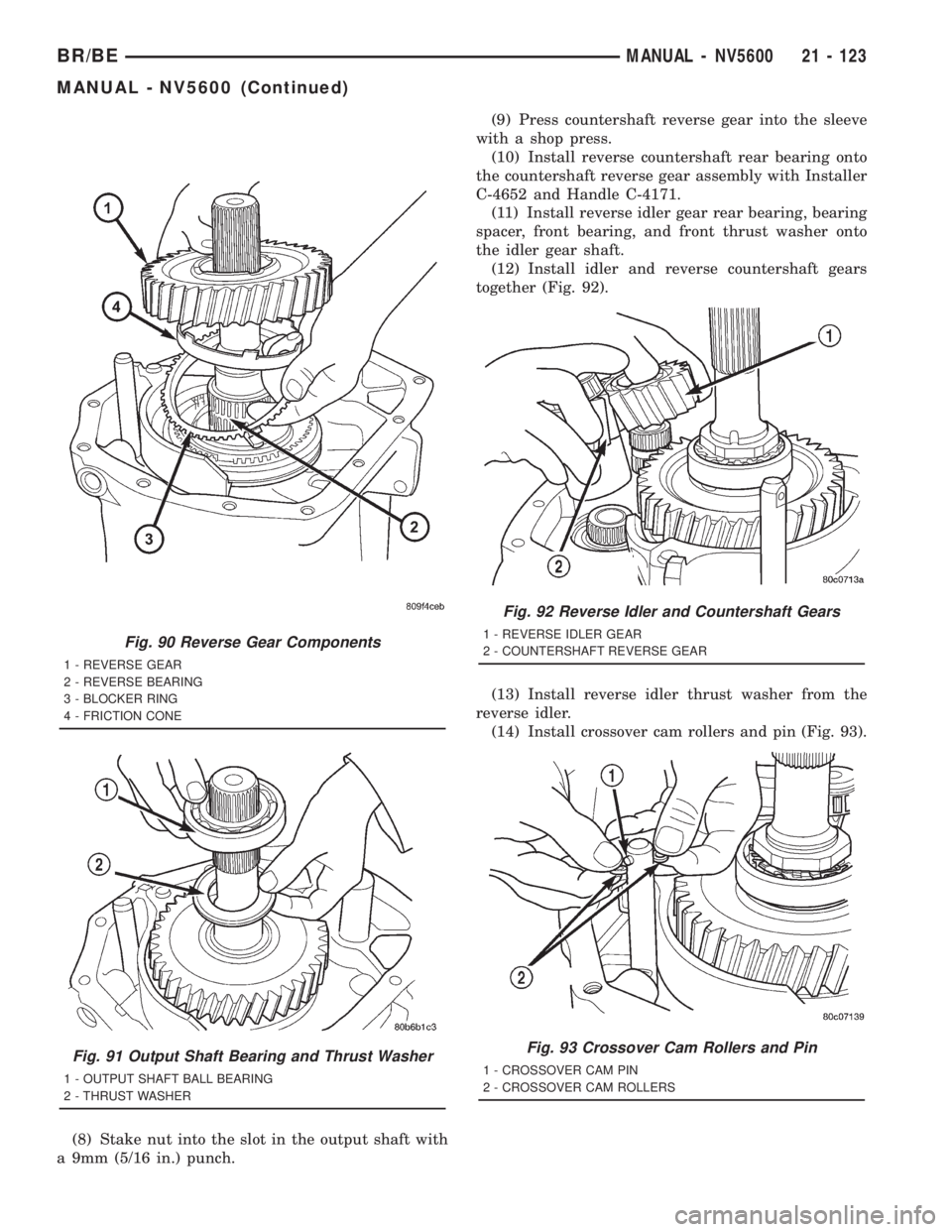 DODGE RAM 2001 Service Repair Manual (8) Stake nut into the slot in the output shaft with
a 9mm (5/16 in.) punch.(9) Press countershaft reverse gear into the sleeve
with a shop press.
(10) Install reverse countershaft rear bearing onto
t DODGE RAM 2001 Service Repair Manual (8) Stake nut into the slot in the output shaft with
a 9mm (5/16 in.) punch.(9) Press countershaft reverse gear into the sleeve
with a shop press.
(10) Install reverse countershaft rear bearing onto
t