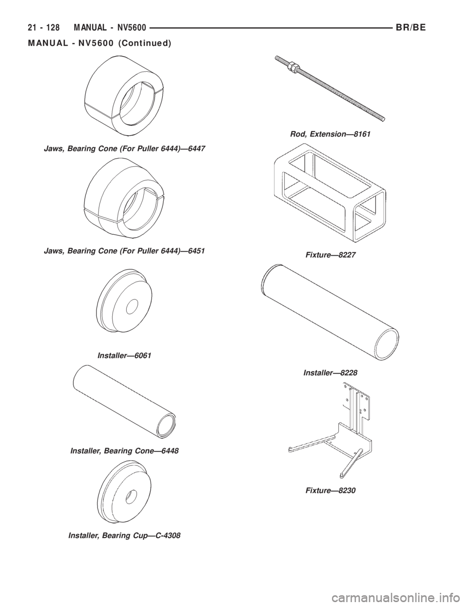 DODGE RAM 2001  Service Repair Manual Jaws, Bearing Cone (For Puller 6444)Ð6447
Jaws, Bearing Cone (For Puller 6444)Ð6451
InstallerÐ6061
Installer, Bearing ConeÐ6448
Installer, Bearing CupÐC-4308
Rod, ExtensionÐ8161
FixtureÐ8227
In