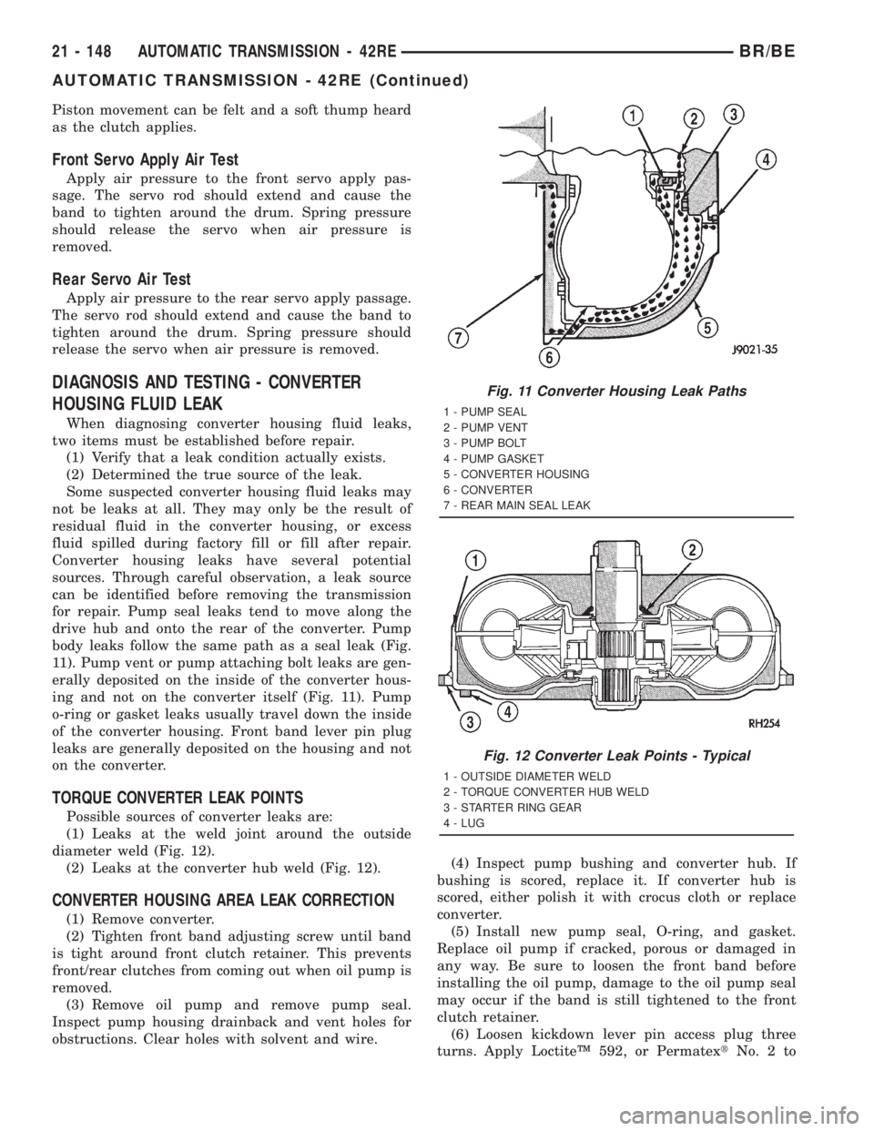 DODGE RAM 2001  Service Repair Manual Piston movement can be felt and a soft thump heard
as the clutch applies.
Front Servo Apply Air Test
Apply air pressure to the front servo apply pas-
sage. The servo rod should extend and cause the
ba