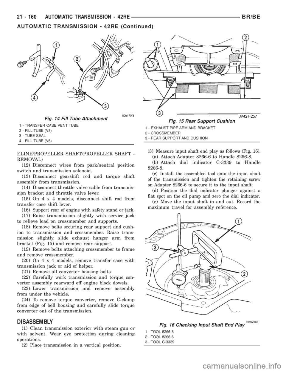 DODGE RAM 2001  Service Repair Manual ELINE/PROPELLER SHAFT/PROPELLER SHAFT -
REMOVAL)
(12) Disconnect wires from park/neutral position
switch and transmission solenoid.
(13) Disconnect gearshift rod and torque shaft
assembly from transmi