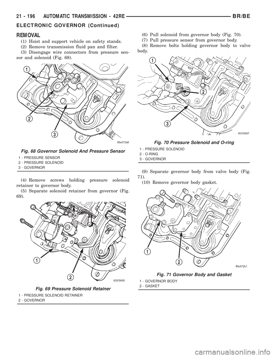 DODGE RAM 2001  Service Repair Manual REMOVAL
(1) Hoist and support vehicle on safety stands.
(2) Remove transmission fluid pan and filter.
(3) Disengage wire connectors from pressure sen-
sor and solenoid (Fig. 68).
(4) Remove screws hol