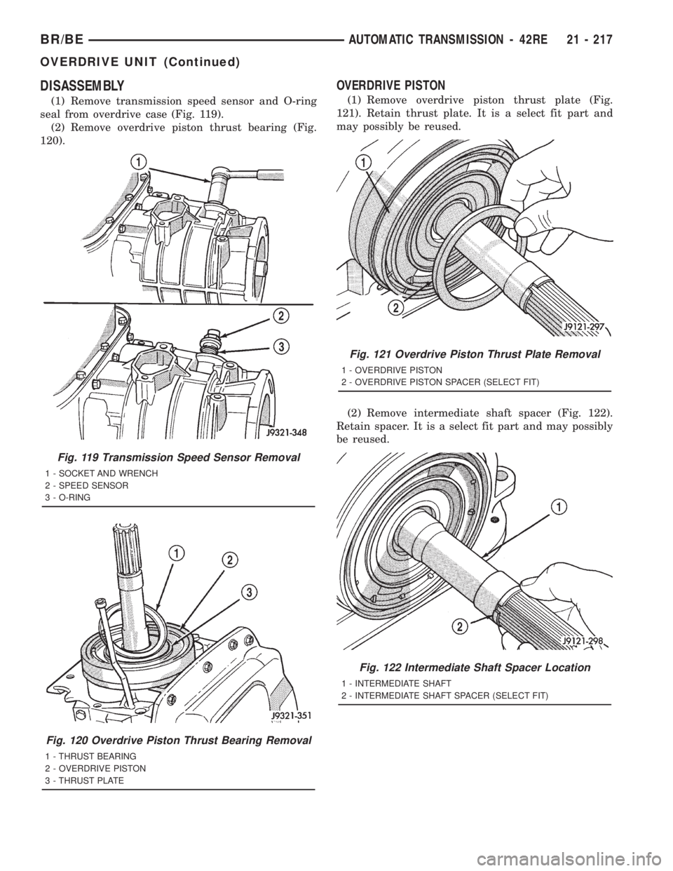 DODGE RAM 2001  Service Repair Manual DISASSEMBLY
(1) Remove transmission speed sensor and O-ring
seal from overdrive case (Fig. 119).
(2) Remove overdrive piston thrust bearing (Fig.
120).
OVERDRIVE PISTON
(1) Remove overdrive piston thr
