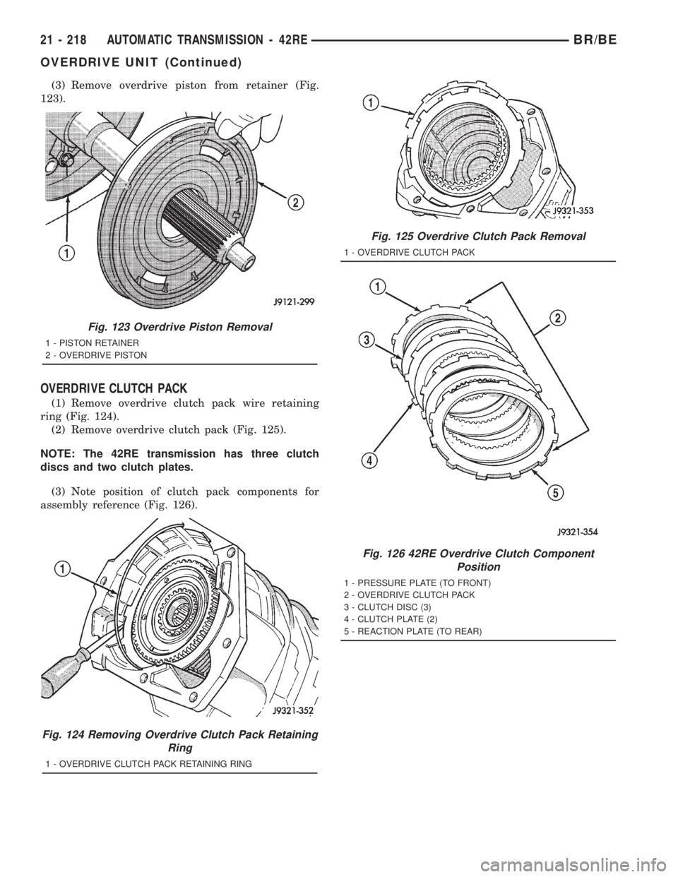 DODGE RAM 2001  Service Repair Manual (3) Remove overdrive piston from retainer (Fig.
123).
OVERDRIVE CLUTCH PACK
(1) Remove overdrive clutch pack wire retaining
ring (Fig. 124).
(2) Remove overdrive clutch pack (Fig. 125).
NOTE: The 42RE