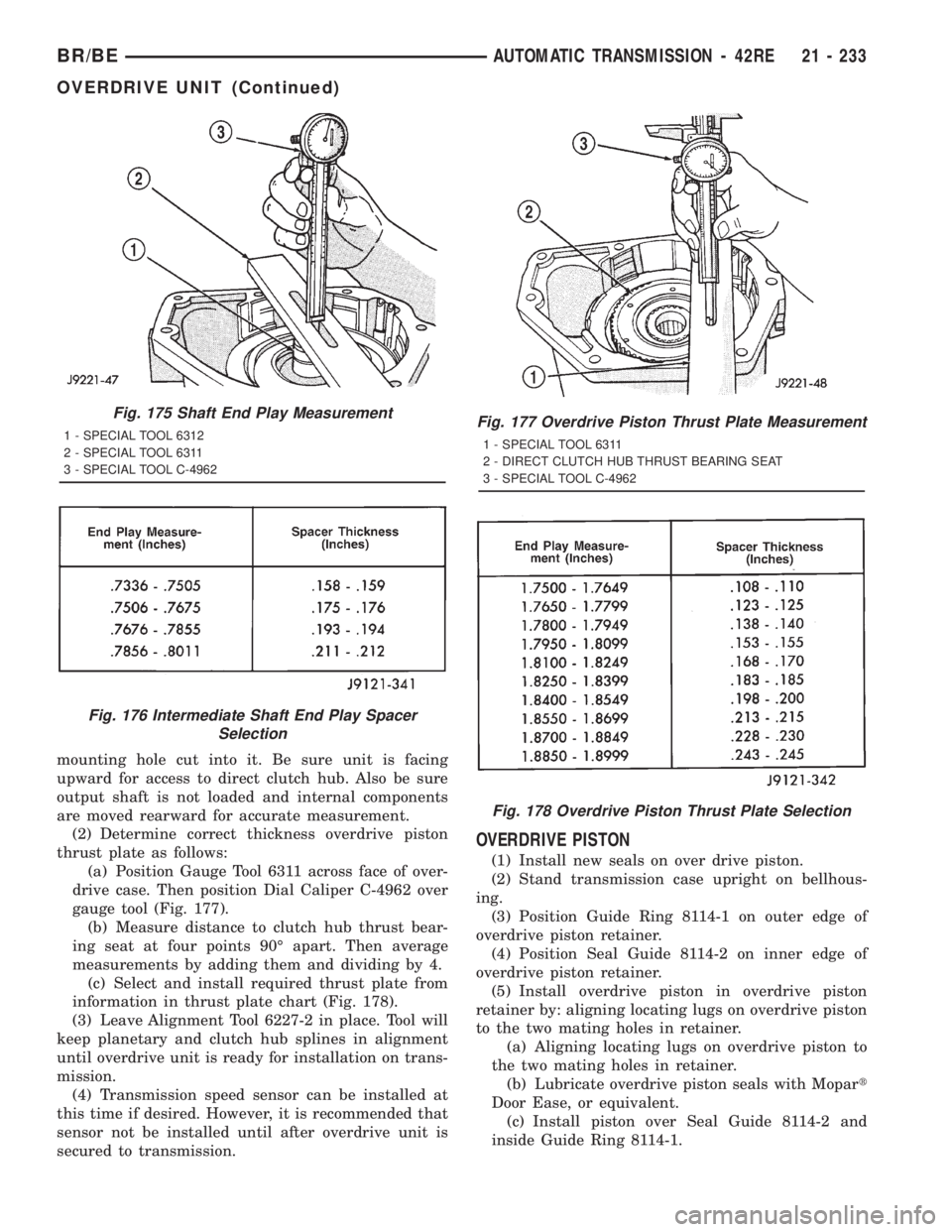DODGE RAM 2001  Service Repair Manual mounting hole cut into it. Be sure unit is facing
upward for access to direct clutch hub. Also be sure
output shaft is not loaded and internal components
are moved rearward for accurate measurement.
(