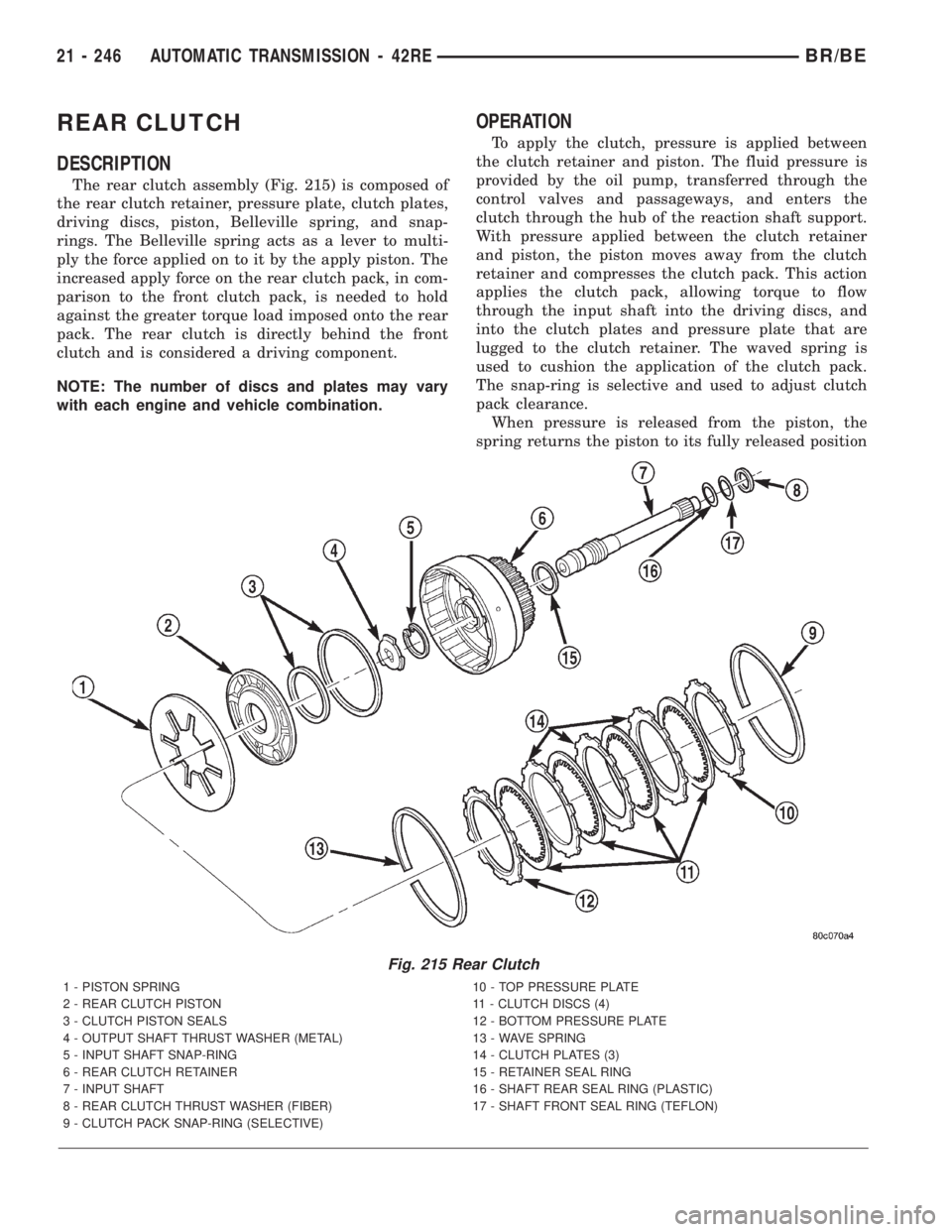 DODGE RAM 2001  Service Repair Manual REAR CLUTCH
DESCRIPTION
The rear clutch assembly (Fig. 215) is composed of
the rear clutch retainer, pressure plate, clutch plates,
driving discs, piston, Belleville spring, and snap-
rings. The Belle
