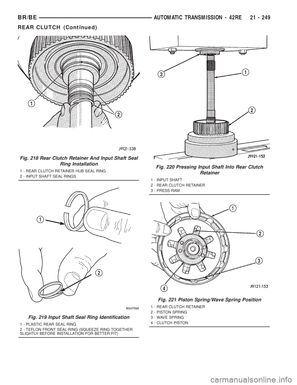 DODGE RAM 2001  Service Repair Manual Fig. 218 Rear Clutch Retainer And Input Shaft Seal
Ring Installation
1 - REAR CLUTCH RETAINER HUB SEAL RING
2 - INPUT SHAFT SEAL RINGS
Fig. 219 Input Shaft Seal Ring Identification
1 - PLASTIC REAR SE