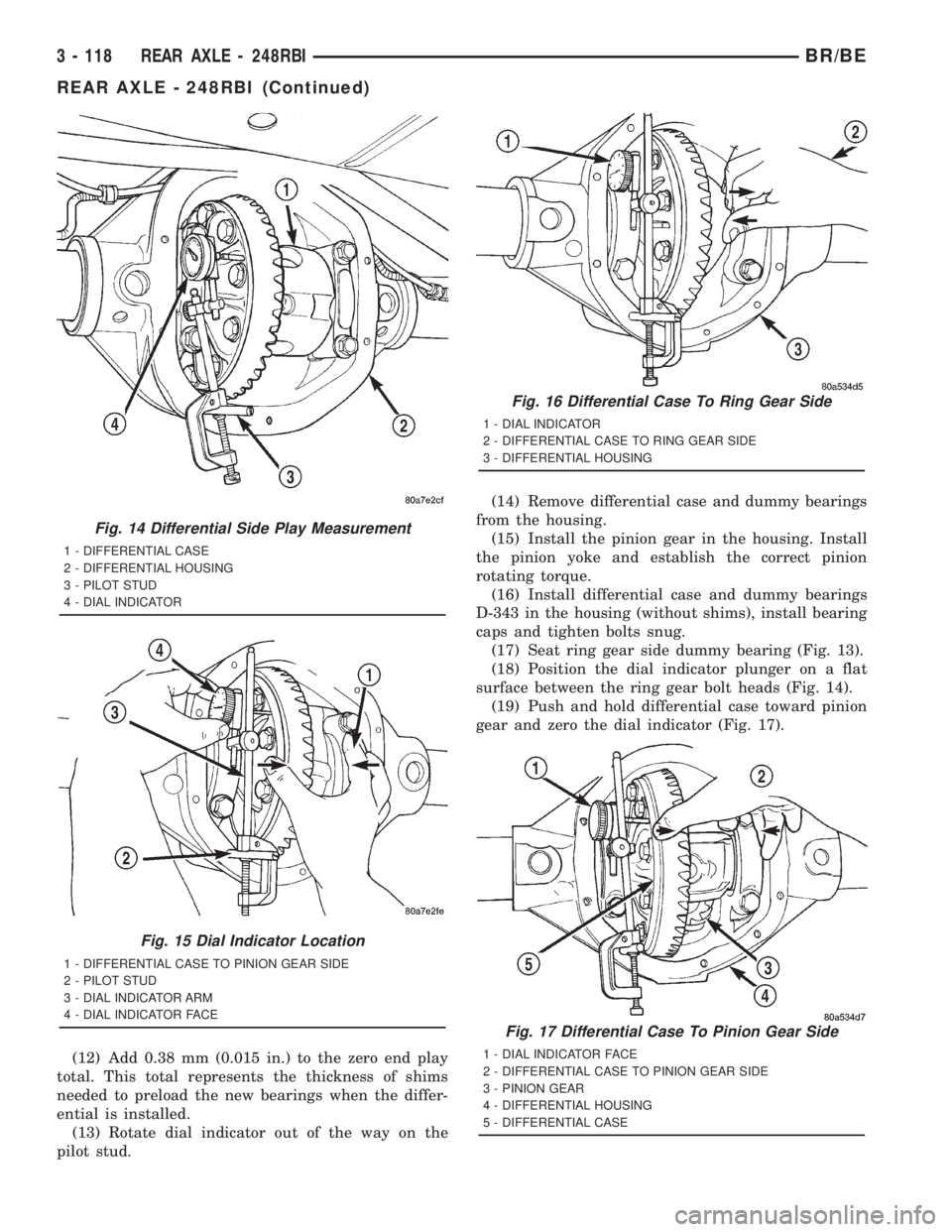 DODGE RAM 2001 Service Repair Manual (12) Add 0.38 mm (0.015 in.) to the zero end play
total. This total represents the thickness of shims
needed to preload the new bearings when the differ-
ential is installed.
(13) Rotate dial indicato DODGE RAM 2001 Service Repair Manual (12) Add 0.38 mm (0.015 in.) to the zero end play
total. This total represents the thickness of shims
needed to preload the new bearings when the differ-
ential is installed.
(13) Rotate dial indicato