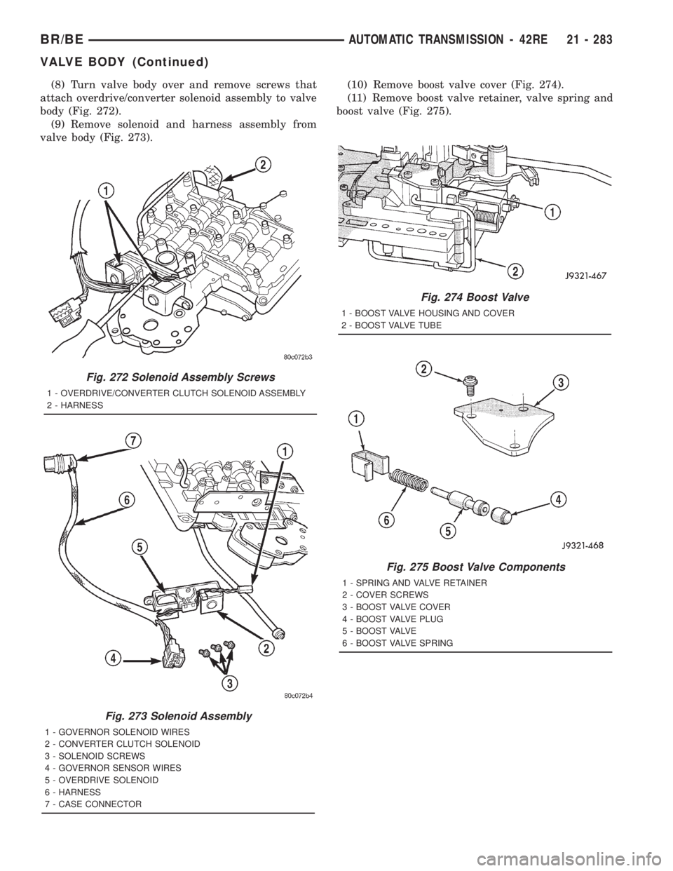 DODGE RAM 2001  Service Repair Manual (8) Turn valve body over and remove screws that
attach overdrive/converter solenoid assembly to valve
body (Fig. 272).
(9) Remove solenoid and harness assembly from
valve body (Fig. 273).(10) Remove b