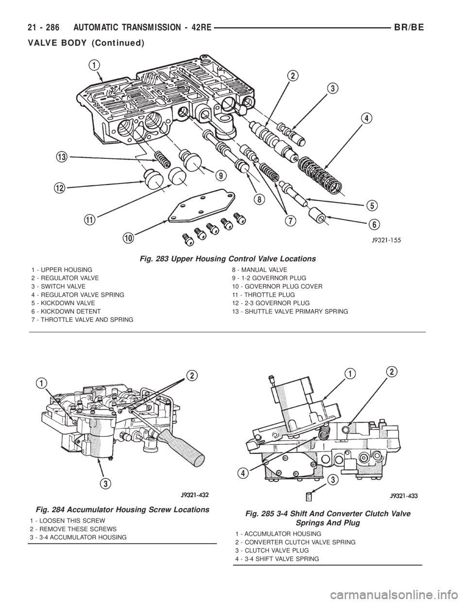 DODGE RAM 2001  Service Repair Manual Fig. 283 Upper Housing Control Valve Locations
1 - UPPER HOUSING 8 - MANUAL VALVE
2 - REGULATOR VALVE 9 - 1-2 GOVERNOR PLUG
3 - SWITCH VALVE 10 - GOVERNOR PLUG COVER
4 - REGULATOR VALVE SPRING 11 - TH