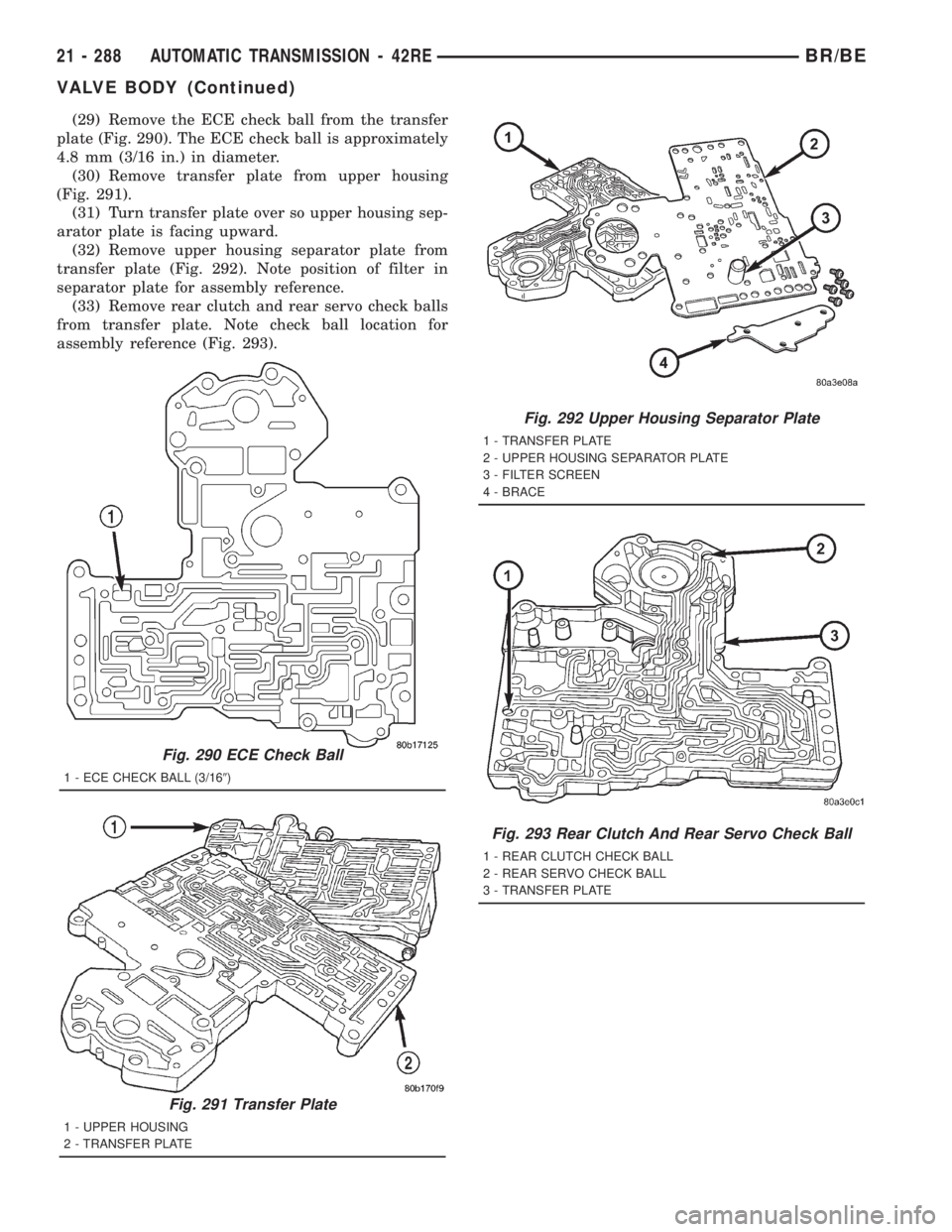 DODGE RAM 2001  Service Repair Manual (29) Remove the ECE check ball from the transfer
plate (Fig. 290). The ECE check ball is approximately
4.8 mm (3/16 in.) in diameter.
(30) Remove transfer plate from upper housing
(Fig. 291).
(31) Tur