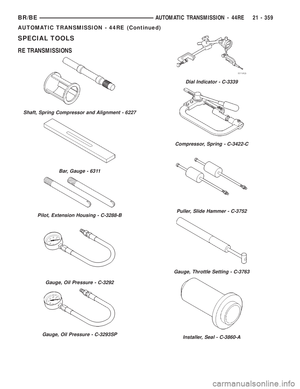 DODGE RAM 2001  Service Repair Manual SPECIAL TOOLS
RE TRANSMISSIONS
Shaft, Spring Compressor and Alignment - 6227
Bar, Gauge - 6311
Pilot, Extension Housing - C-3288-B
Gauge, Oil Pressure - C-3292
Gauge, Oil Pressure - C-3293SP
Dial Indi