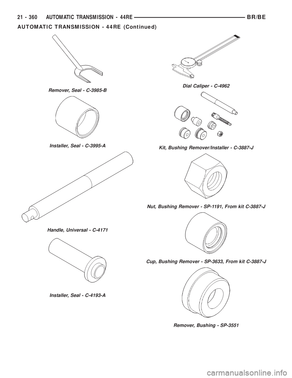 DODGE RAM 2001  Service Repair Manual Remover, Seal - C-3985-B
Installer, Seal - C-3995-A
Handle, Universal - C-4171
Installer, Seal - C-4193-A
Dial Caliper - C-4962
Kit, Bushing Remover/Installer - C-3887-J
Nut, Bushing Remover - SP-1191