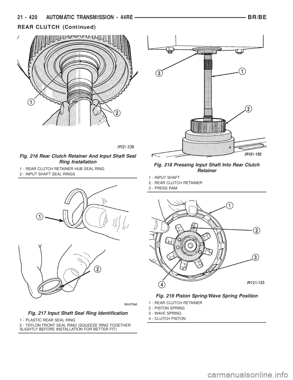 DODGE RAM 2001  Service Repair Manual Fig. 216 Rear Clutch Retainer And Input Shaft Seal
Ring Installation
1 - REAR CLUTCH RETAINER HUB SEAL RING
2 - INPUT SHAFT SEAL RINGS
Fig. 217 Input Shaft Seal Ring Identification
1 - PLASTIC REAR SE